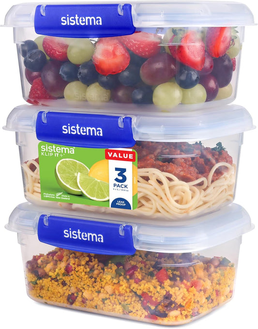 Sistema KLIP IT PLUS Leakproof Food Storage Containers | 1 L | Airtight, Stackable & Nestable Meal Prep Containers with Lids | School Lunch Boxes | BPA-Free | 3 Count