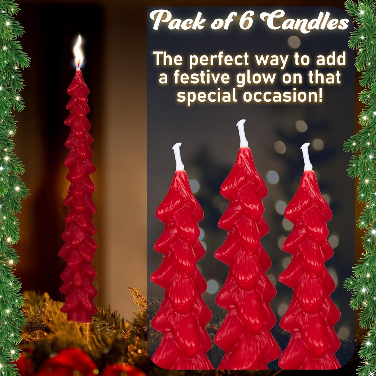 Deco Express Christmas Tree Candles Set of 3 or 6, Dinner Candles 7 Hr Burn, Table Centrepiece Festive Decor Xmas Holiday, Gift Set Home Decoration (Red, 6 Pcs)