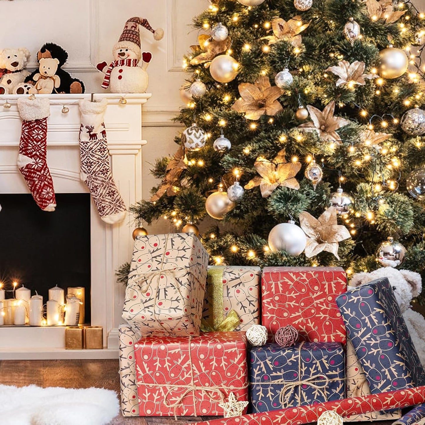 Koncci 3 x 5M Christmas Wrapping Paper, 60cm x 5m Festive Elk Pattern Kraft Gift Wrapping Paper, Recyclable Xmas Wrapper for Christmas, Party, Festive Decorations (Brown Blue Red)