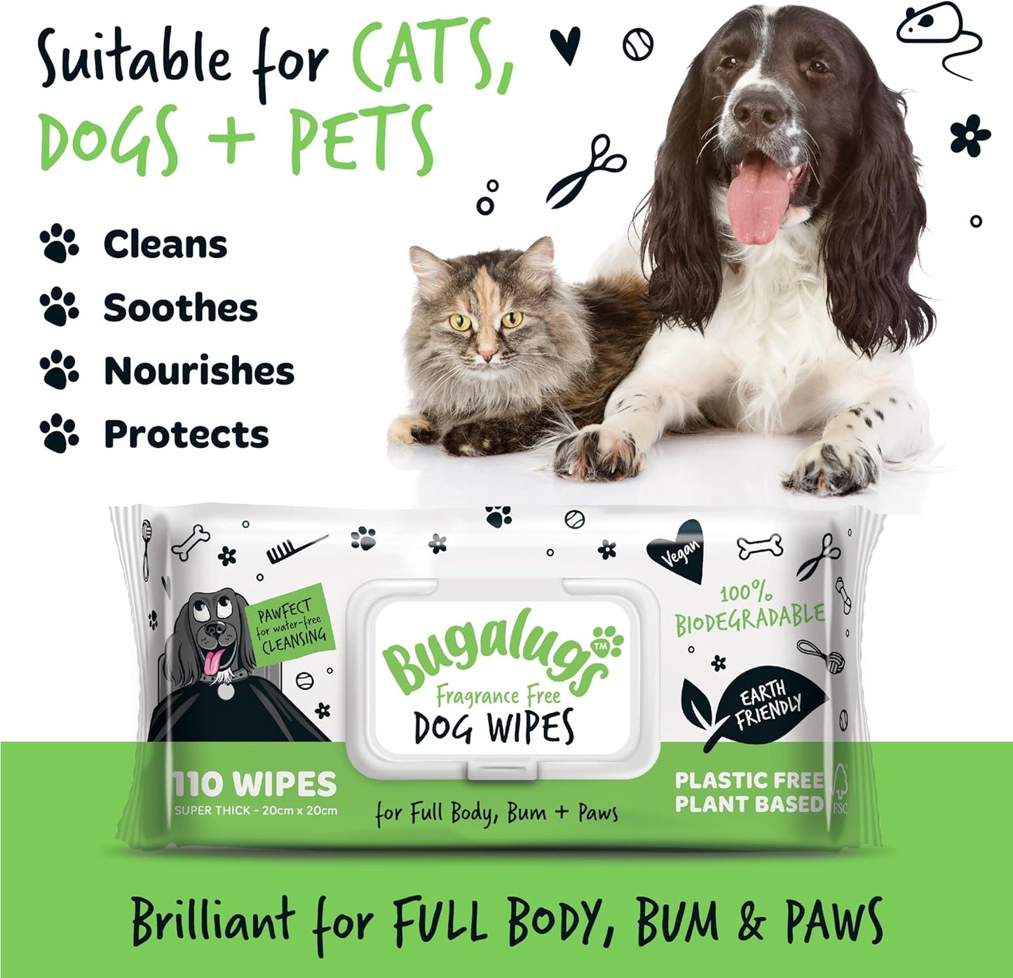 BUGALUGS Dog Wipes, 100% Plastic Free Biodegradable pet wipes for full body, eye wipes, ear wipes, bum & paws. 110 sensitive dog grooming wipes for dogs, puppy & cat grooming (Fragrance Free)