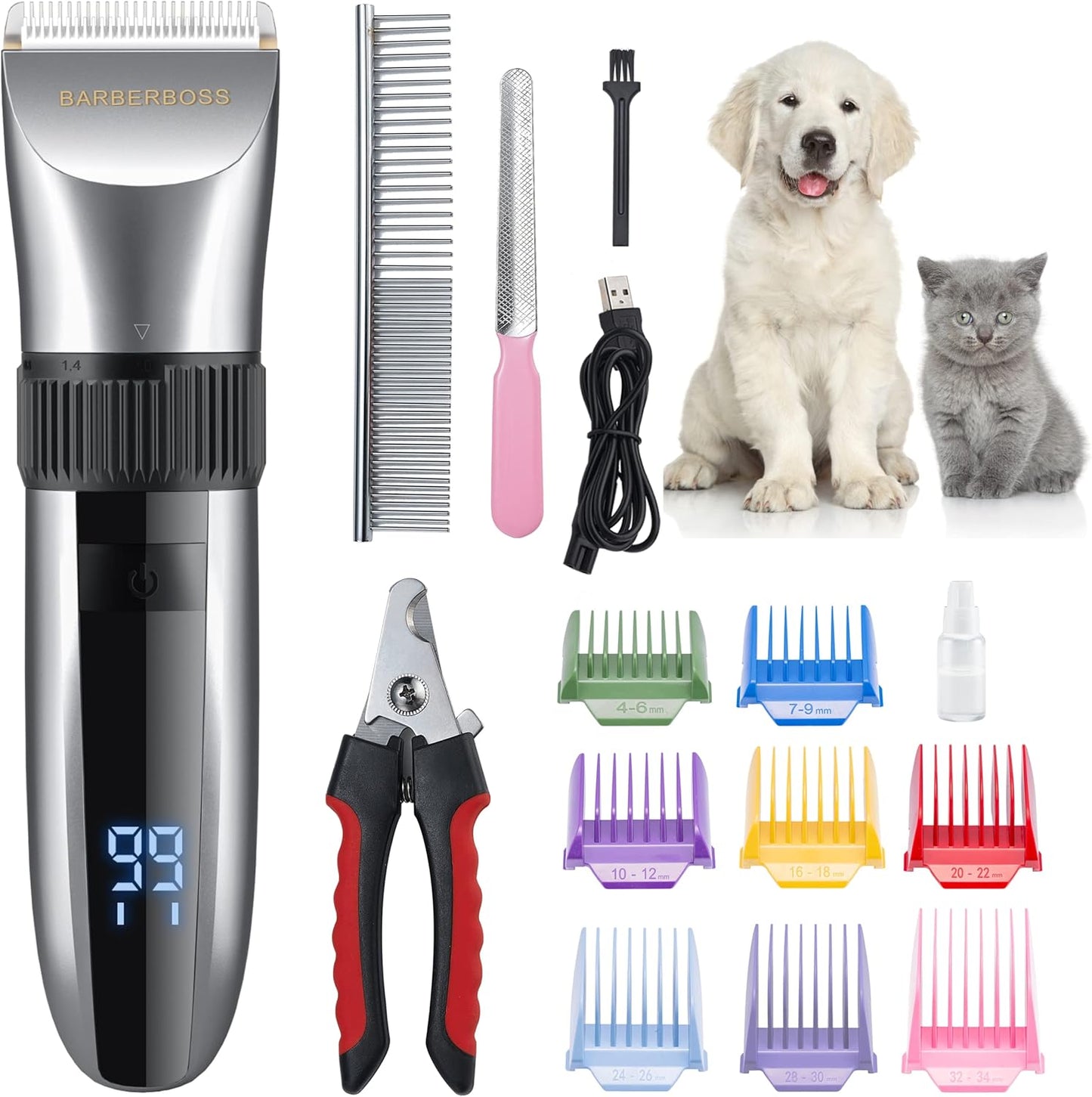 BarberBoss Cordless Pet Grooming Clipper – Waterproof with Ceramic Blades, LED Display & Fast Charging | Electric Hair Trimmer for Dogs & Cats – Model QR-9082