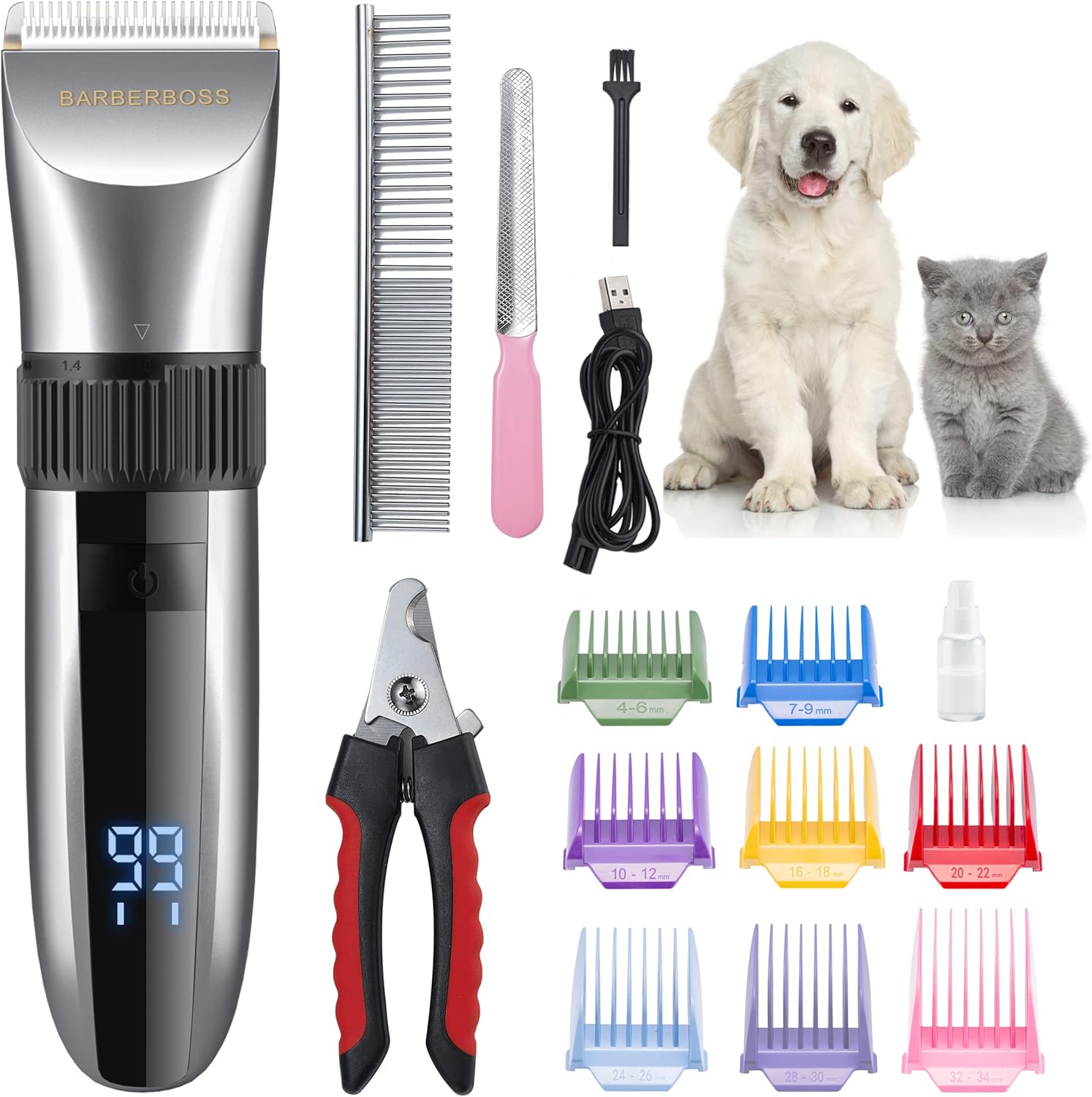 BarberBoss Cordless Pet Grooming Clipper – Waterproof with Ceramic Blades, LED Display & Fast Charging | Electric Hair Trimmer for Dogs & Cats – Model QR-9082