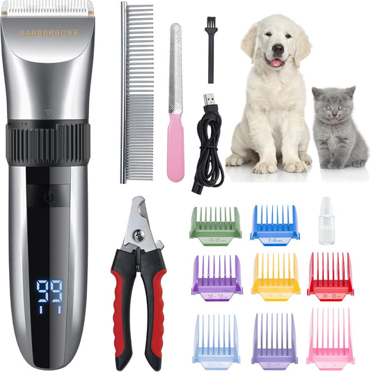 BarberBoss Cordless Pet Grooming Clipper – Waterproof with Ceramic Blades, LED Display & Fast Charging | Electric Hair Trimmer for Dogs & Cats – Model QR-9082