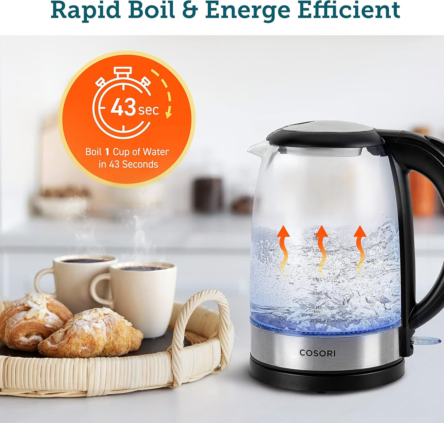 COSORI Electric Kettle – 3000W Fast Boil, 1.5L Glass Kettle with Stainless Steel Lid & Spout, BPA-Free, Quiet Operation, Smart Boil-Dry Protection – Black