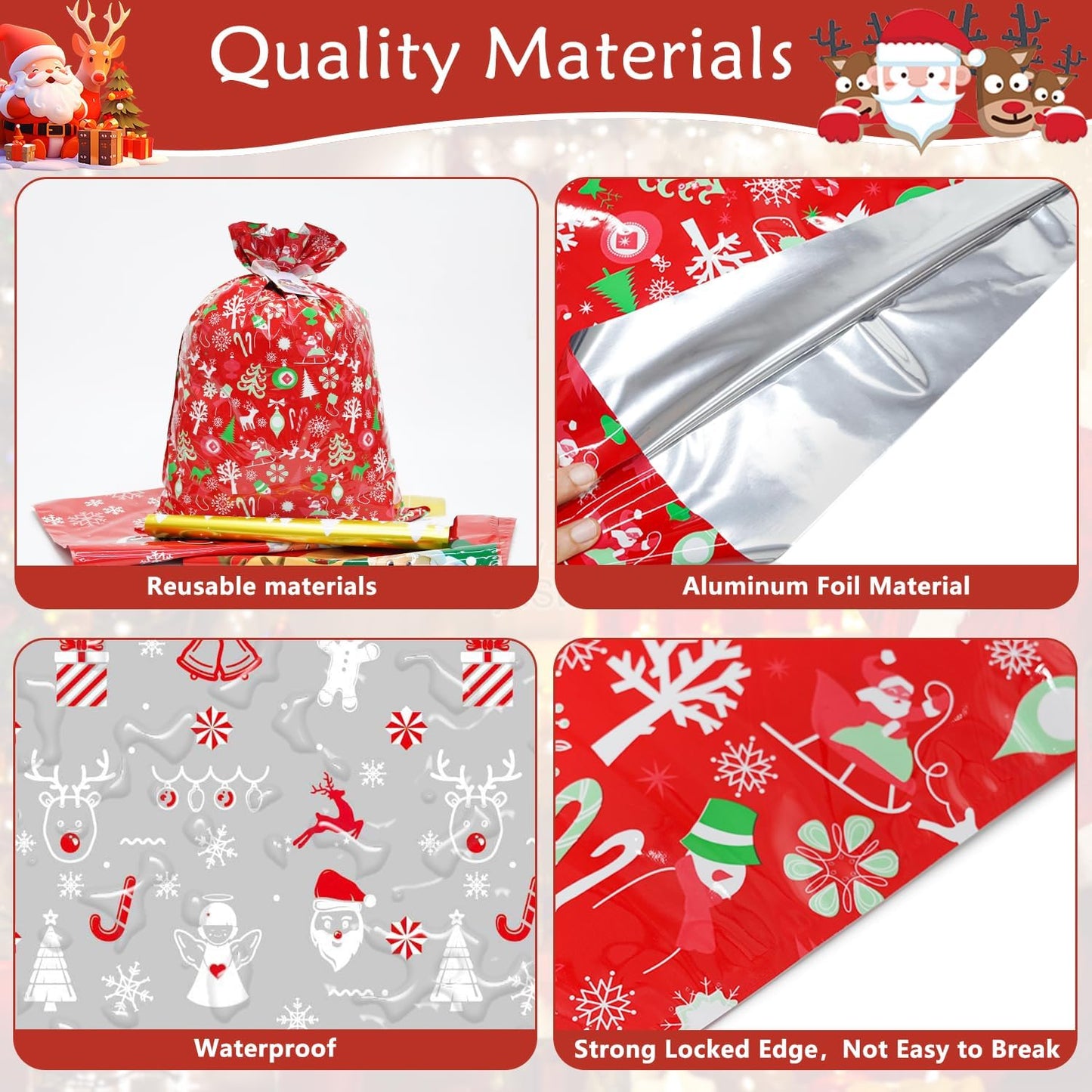 Koncci 30 Pcs Christmas Wrapping Gift Bags, 14 Designs Ribbon Xmas Gift Bags, 4 Sizes Christmas Bags with 30 Pcs Xmas Greeting Cards for Presents, Party, Holiday, Birthday