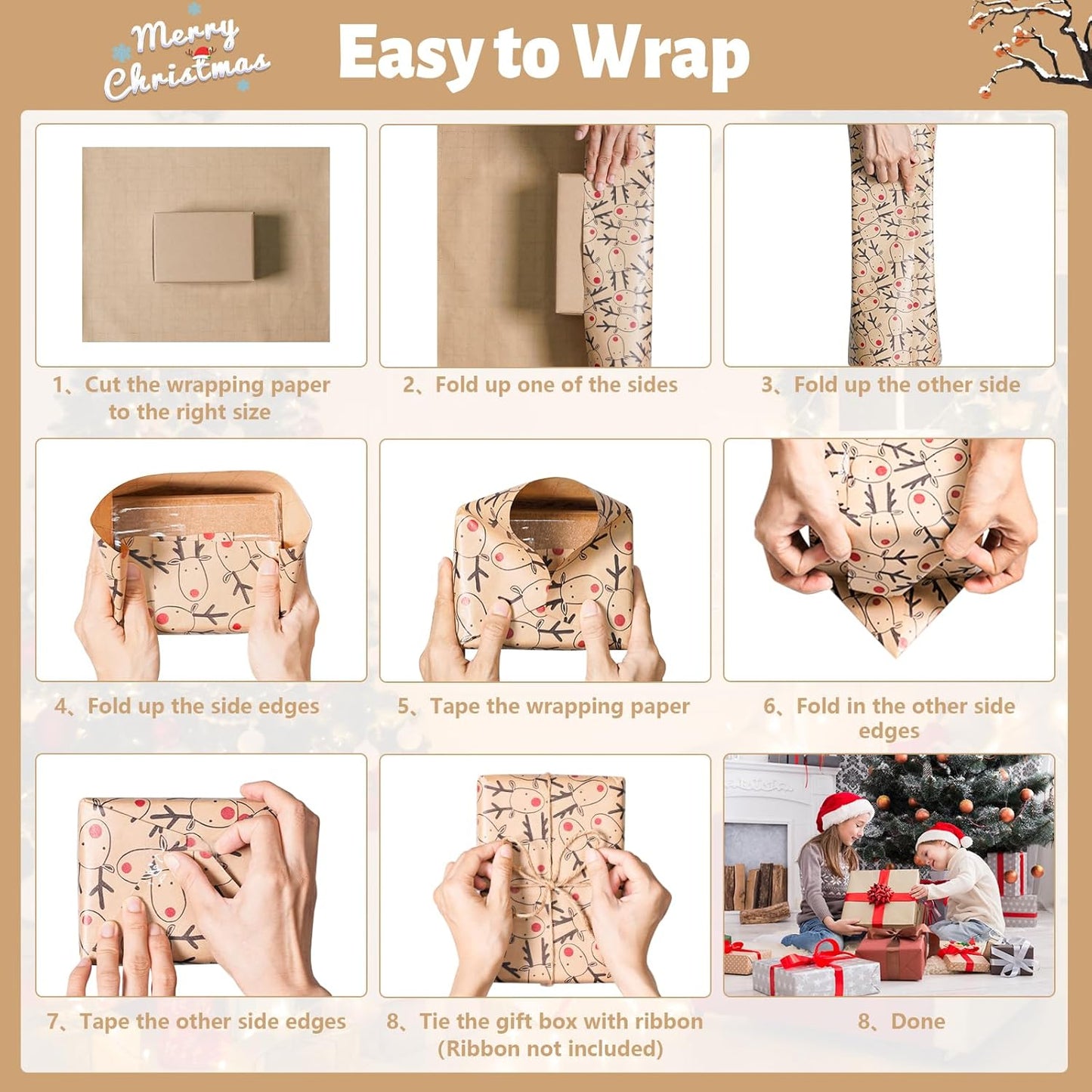 Koncci 3 x 5M Christmas Wrapping Paper, 60cm x 5m Festive Elk Pattern Kraft Gift Wrapping Paper, Recyclable Xmas Wrapper for Christmas, Party, Festive Decorations (Brown Blue Red)