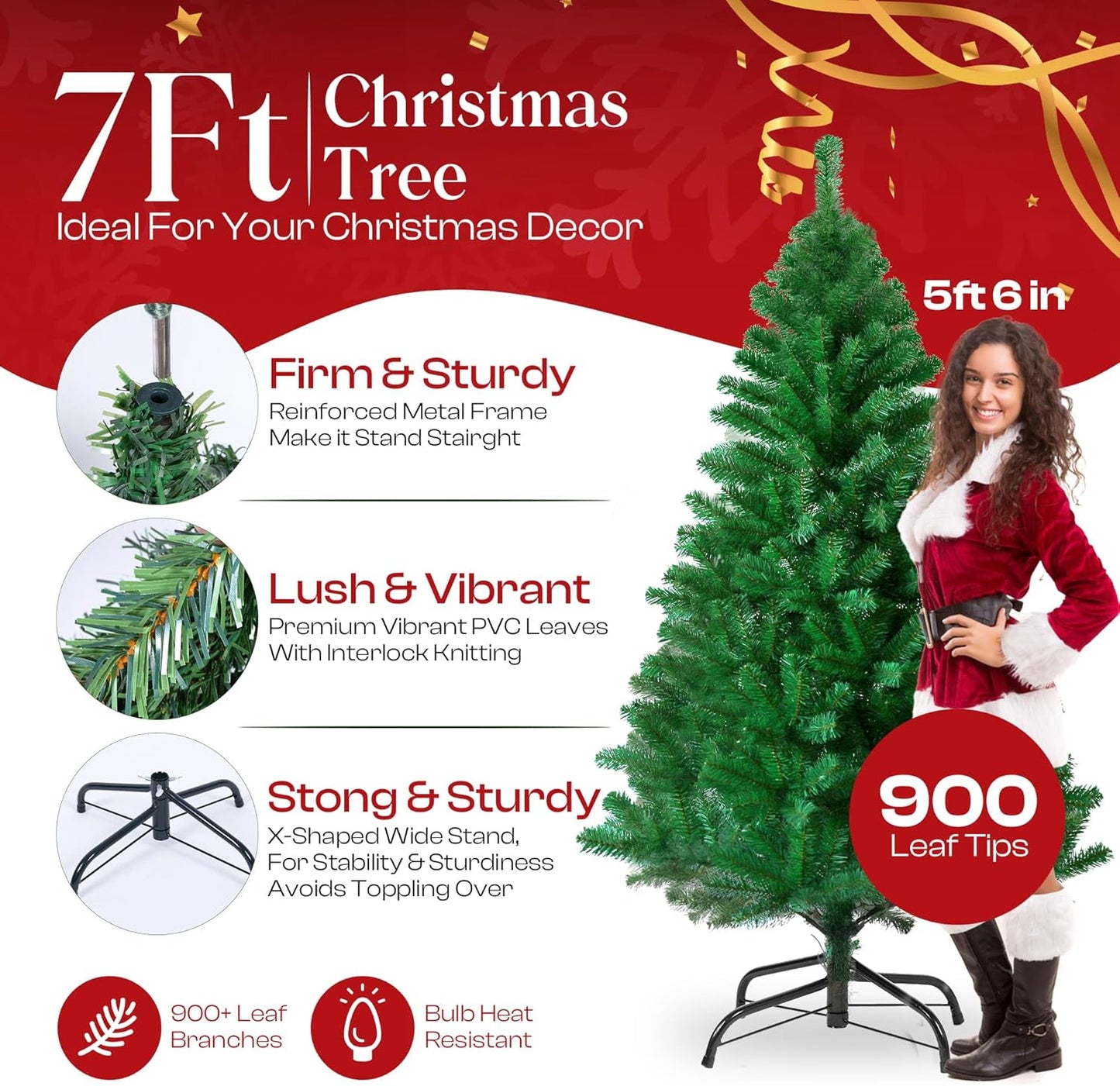 KLASS 7ft Christmas Tree 900 Tips Lush Xmas Tree Premium PVC Realistic Artificial Christmas Tree With Metal Stand, Green Christmas Trees in 4ft, 5ft, 6ft & 7 ft Sizes Ideal Christmas Decoration