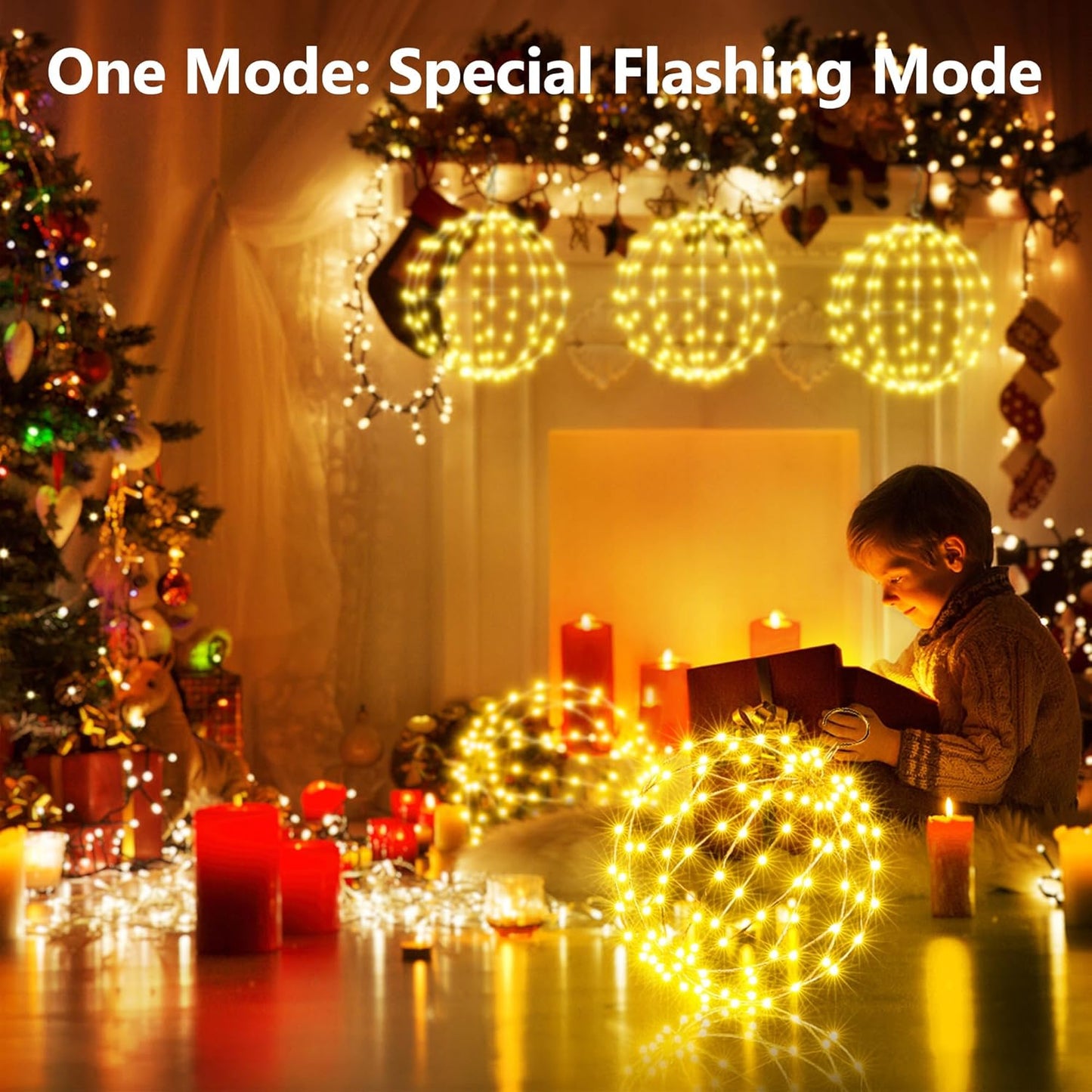 iBaycon Outdoor Christmas Lights Mains Powered,Hanging Ball Lights Warm White with Flash Beads,Foldable Sphere Timer Waterproof Decorations LED Fairy Lights,Garden Party House(33cm+28cm,2 Pack)