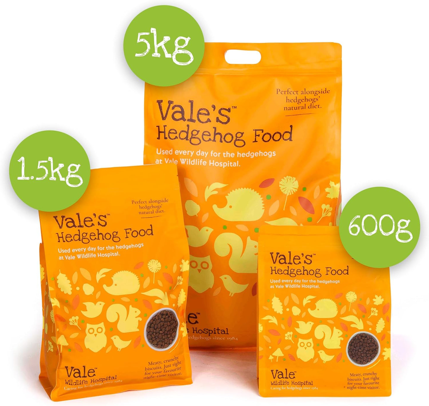 Vale’s™ Hedgehog Food – specially developed – used daily at Vale Wildlife Hospital – meaty, crunchy biscuits, high in fibre – suitable and nutritious – ideal addition to their natural diet (1.5kg)
