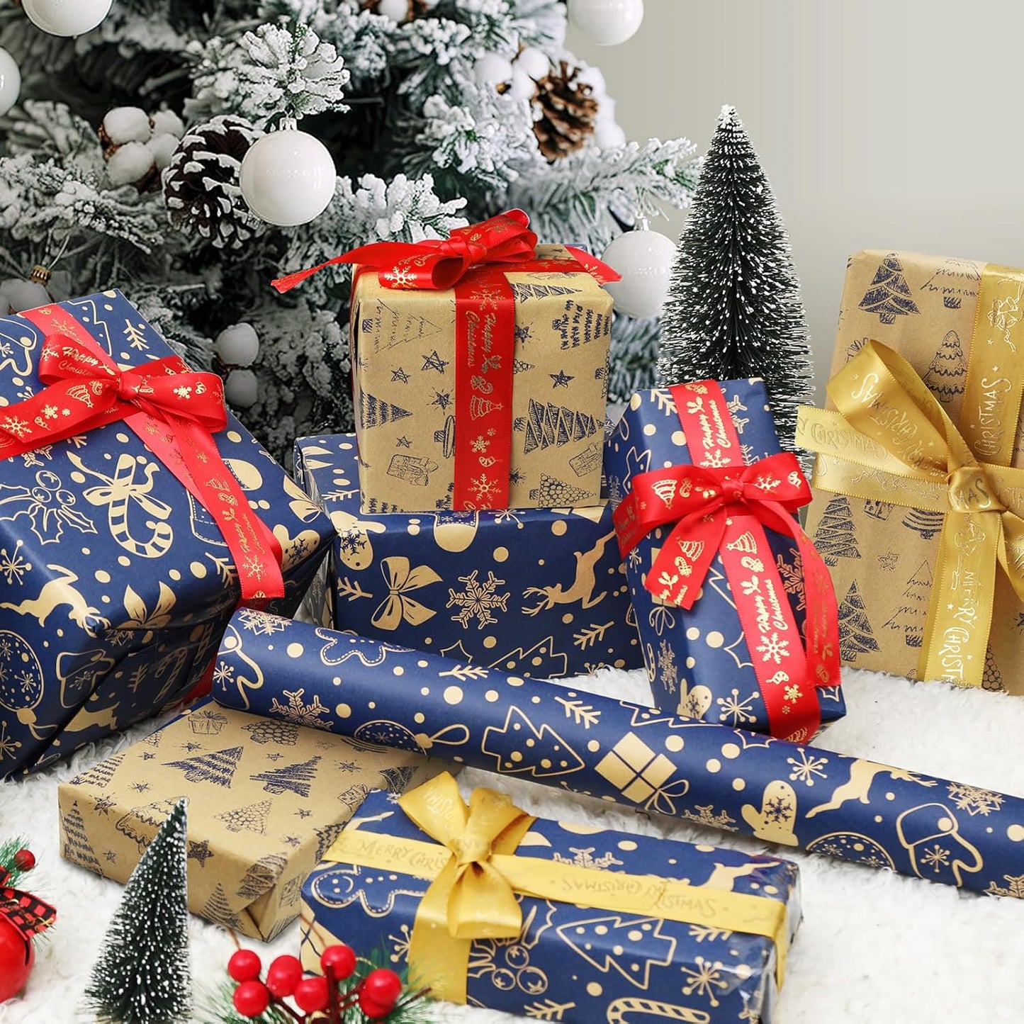 Christmas Wrapping Paper Roll for Xmas Gift Wrap, 43cm*10m Luxury Blue Double-sides Kraft Present Paper for Secret Santa Claus Ornament Party New Year Festive Holiday, One Roll_Two Packing Pattern