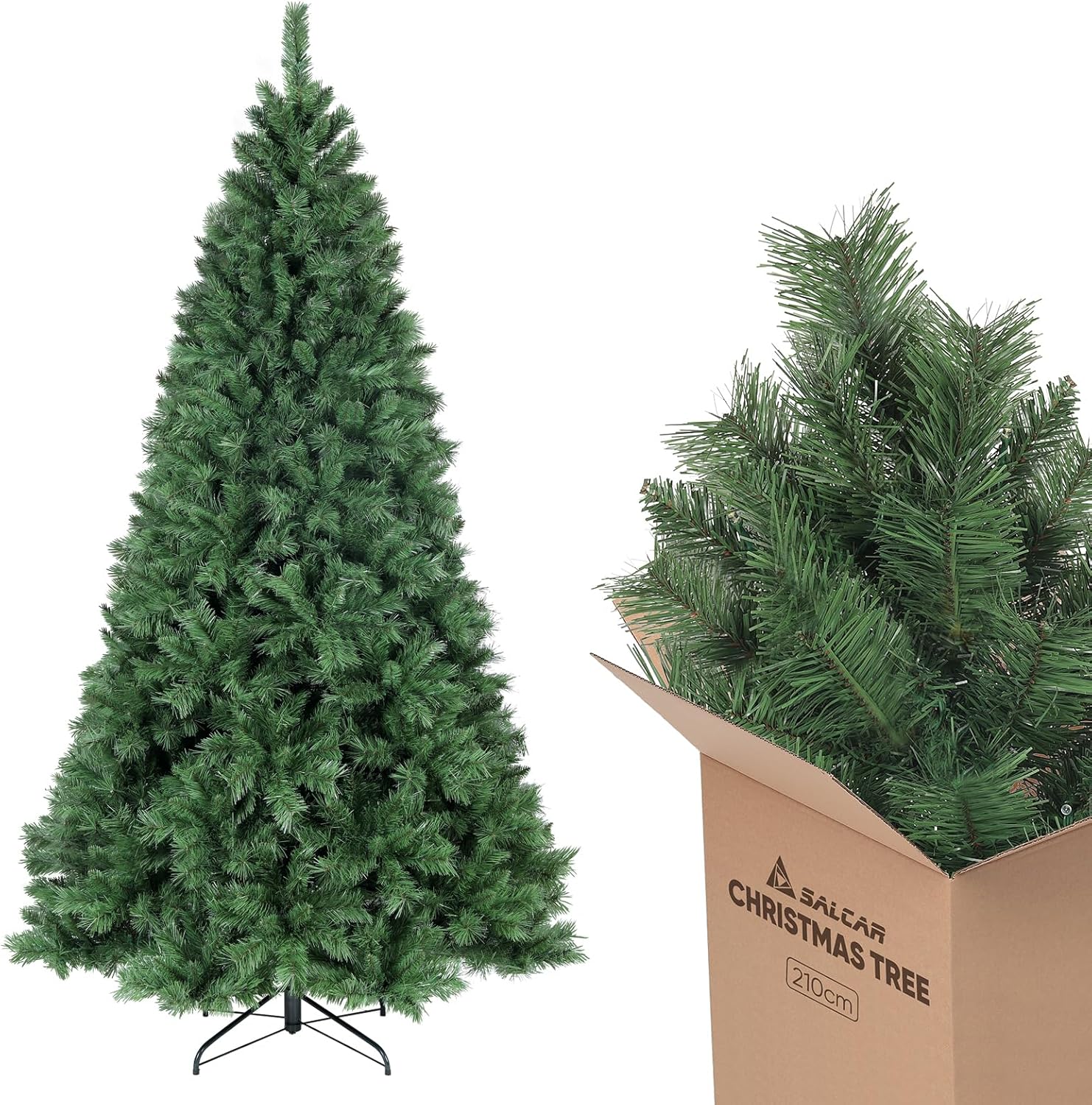 SALCAR 7ft Christmas Tree – Realistic Artificial Christmas Tree with Metal Stand, 210cm Xmas Tree, Quick Setup, Premium Christmas Decoration