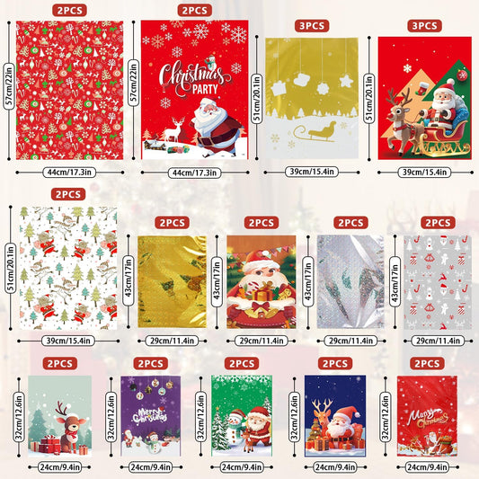 Koncci 30 Pcs Christmas Wrapping Gift Bags, 14 Designs Ribbon Xmas Gift Bags, 4 Sizes Christmas Bags with 30 Pcs Xmas Greeting Cards for Presents, Party, Holiday, Birthday