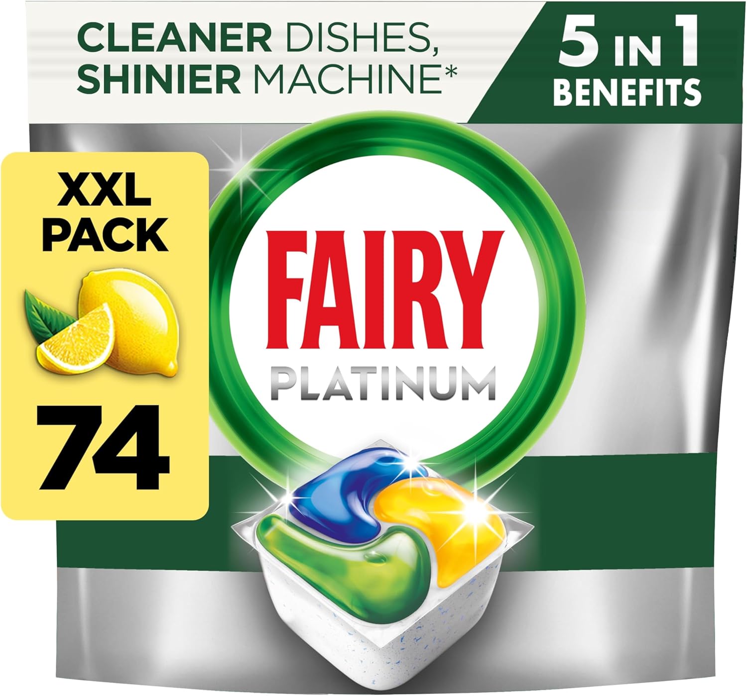 Fairy Platinum All-In-1 Dishwasher Tablets Bulk, 74 Tablets, Lemon, With Greasy Filter & Rinse Aid Action