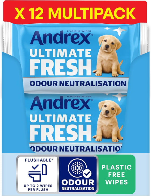 Andrex Ultimate Fresh Washlets, 12 Packs - Gentle, Biodegradable, Flushable Toilet Wipes for Everyday Hygiene, Use with Regular Toilet Roll for a Shower Fresh Clean