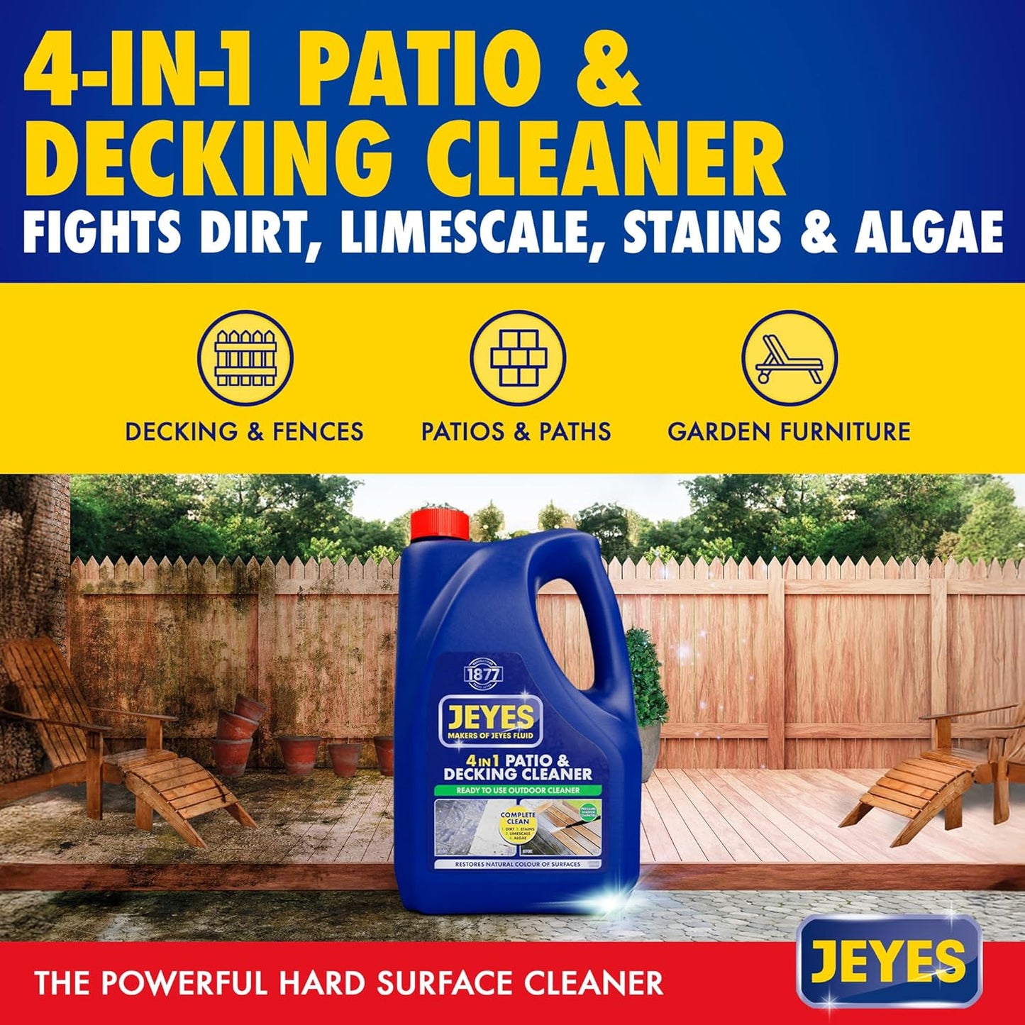 Jeyes 4 In 1 Patio & Decking Cleaner (4 Litre). Patio Cleaner Fluid for Paths, Drives, Decking & Fencing - Outdoor Disinfectant Liquid or Pressure Washer Detergent - Tackles Dirt, Algae & Stains
