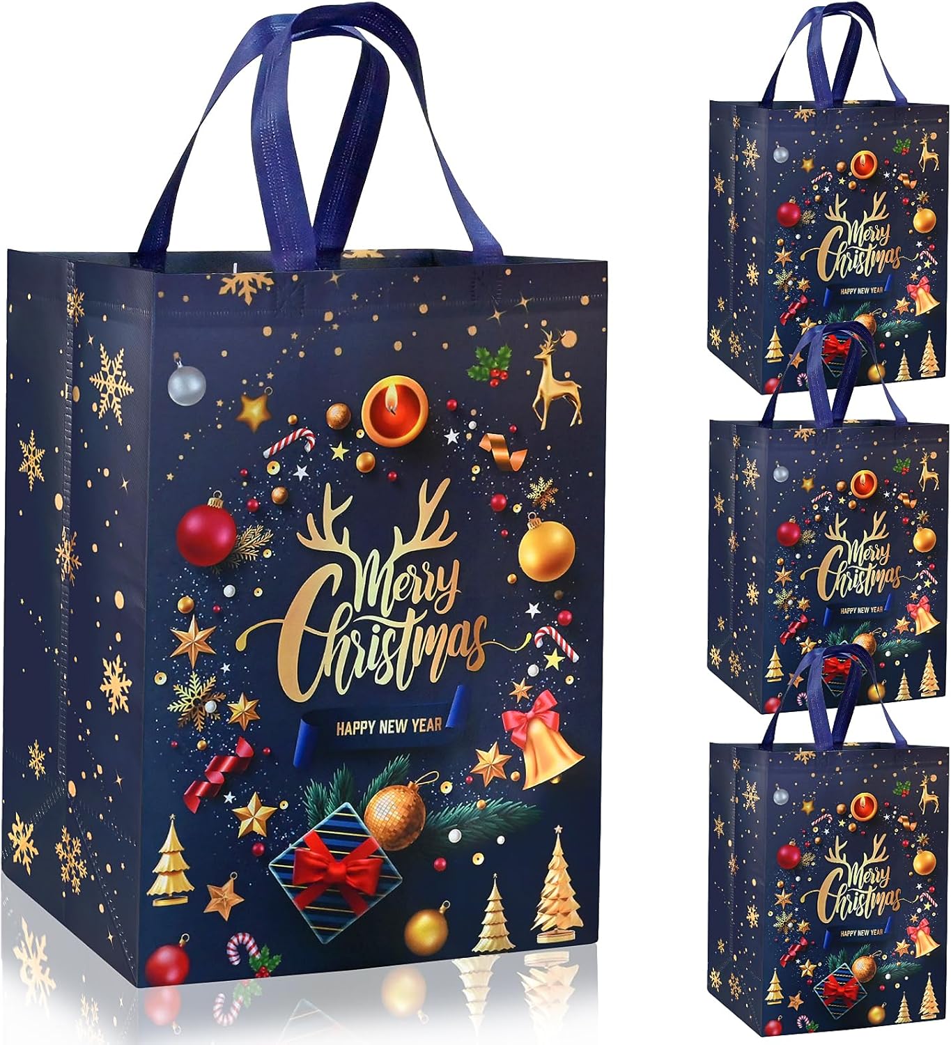 Christmas Tote Bags – 4 Pack Large Reusable Gift Bags with Handles, Black & Gold Non-Woven Fabric Xmas Shopping Bags for Holiday, Party & Present Wrapping
