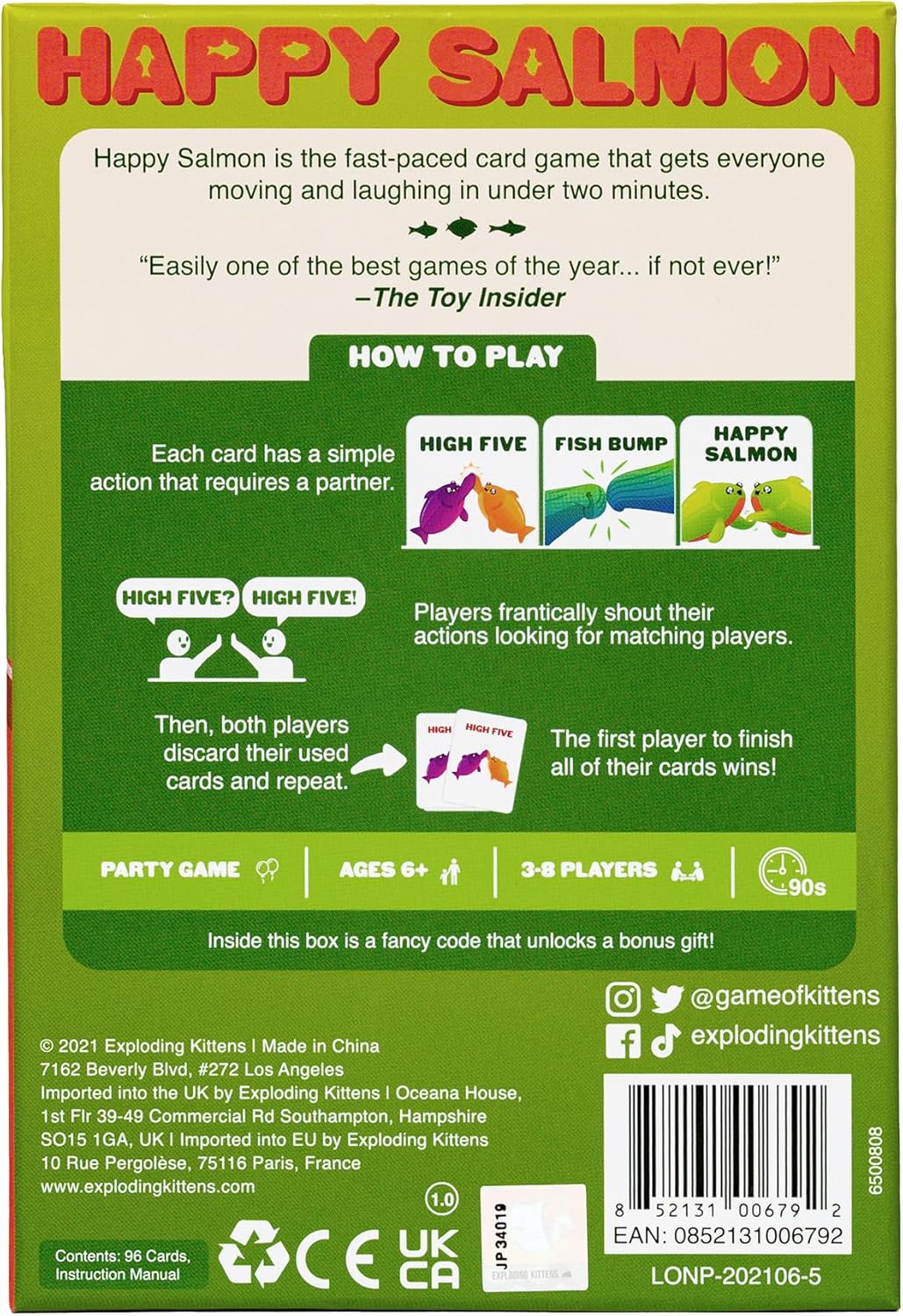 Exploding Kittens Happy Salmon - 3-8 Players - Ages 6+ - 90 Second Rounds - Easy to Learn Quick Matching Card Game - Ideal for Party, Family Game Night, Kid and Adult