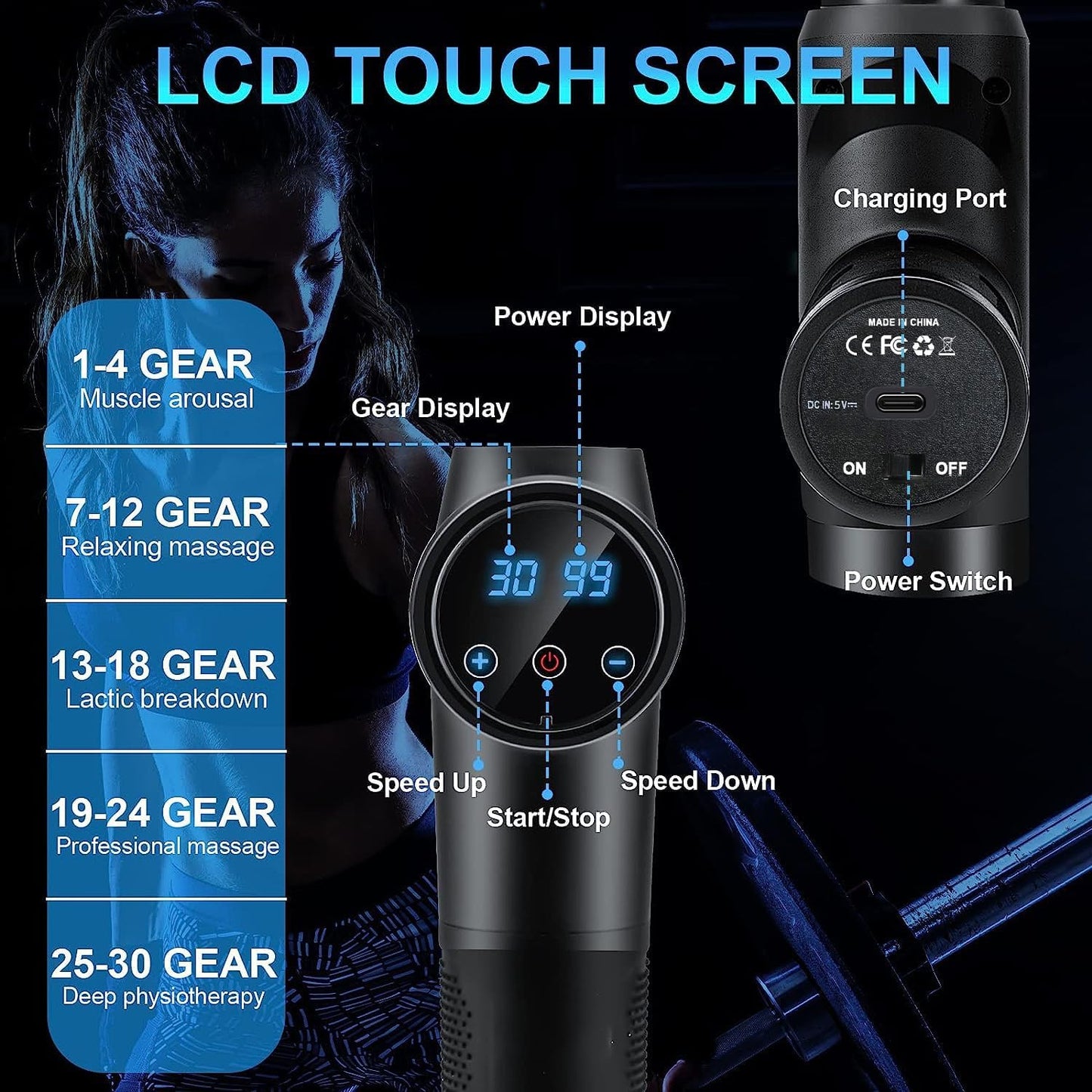 Massage Gun for Muscle Relaxation – 30-Speed Percussion Massager with LCD Touch Screen & 10 Attachment Heads – Quiet Operation for Shoulder, Back & Full Body (Black)