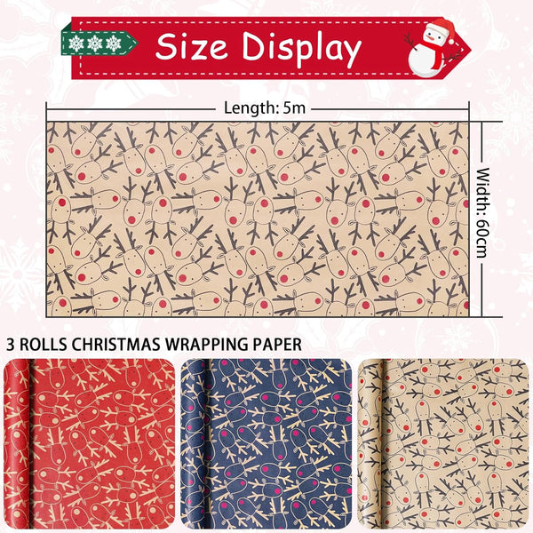 Koncci 3 x 5M Christmas Wrapping Paper, 60cm x 5m Festive Elk Pattern Kraft Gift Wrapping Paper, Recyclable Xmas Wrapper for Christmas, Party, Festive Decorations (Brown Blue Red)