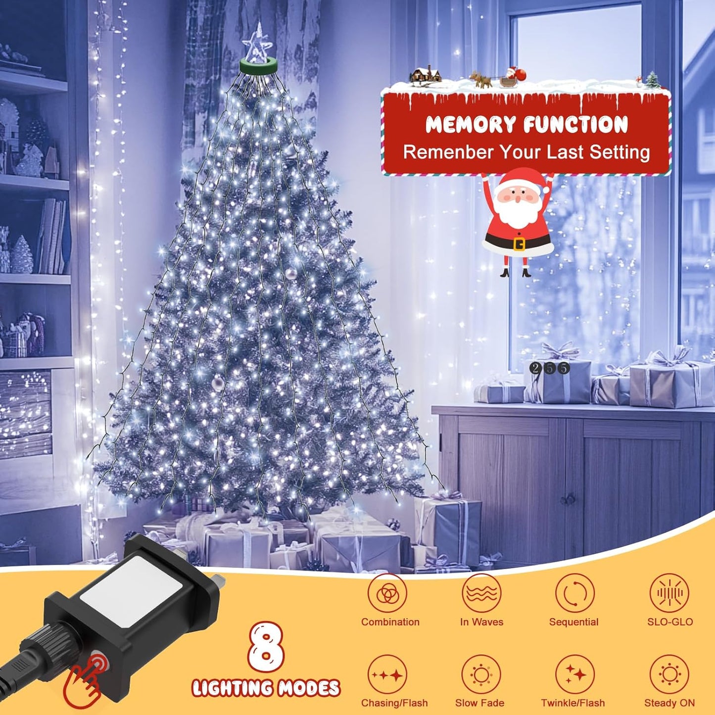 Gcstnn Christmas Tree Lights, 2m*16 Lines 400 LEDs Fairy Lights Mains Powered with 8 Light Modes,Memory & Timing Function,Waterproof for 1.5-2.5M(5-10ft) Christmas Tree Indoor and Outdoor- Cool White