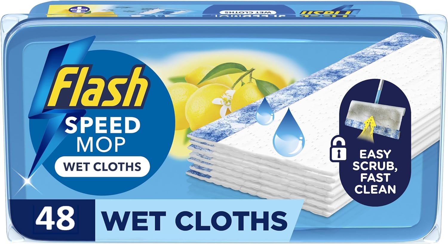 Flash Speedmop Wet Floor Cleaning Wipes, 48 Cloths (24x2), Antibac Lemon Multi-Surface, Trap & Lock Daily Dirt, Grease & Grime Without Getting Down On Your Knees