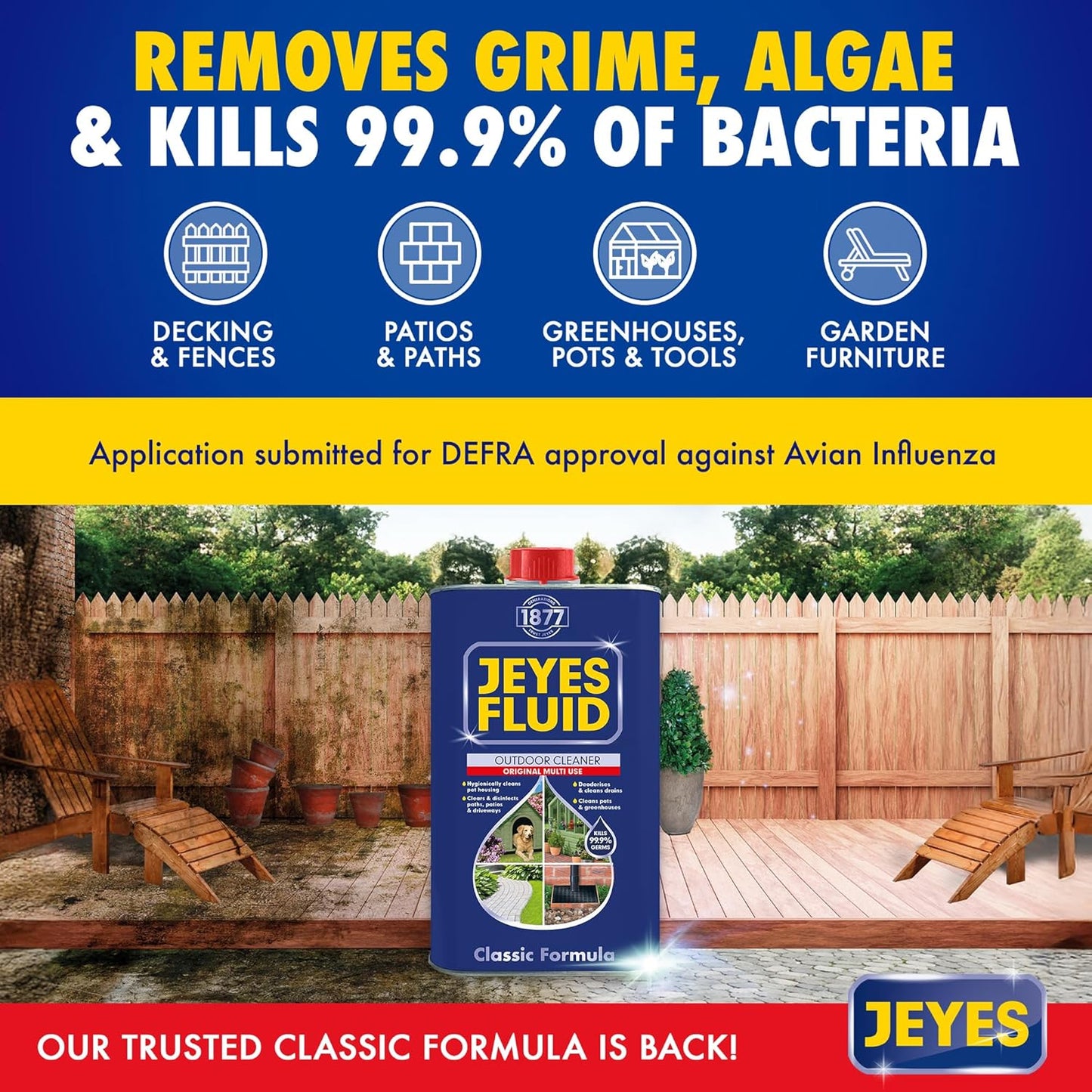 Jeyes Fluid Classic Premium Patio Cleaner 1L Concentrated Formula Makes 20L Outdoor Disinfectant for Patios, Greenhouses, Plant Pots – Kills 99.9% Bacteria.