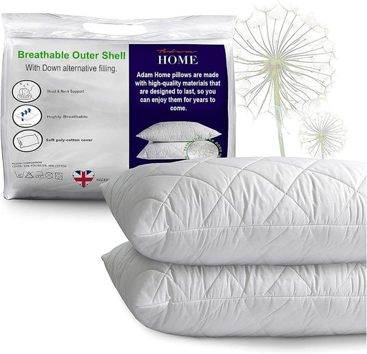 Adam Home Pillows 2 Pack Hotel Quality with Quilted Cover Hypoallergenic & Dust Mite Resistant Filling – Ideal for Stomach, Back and Side Sleepers Down Alternative Hotel Pillows