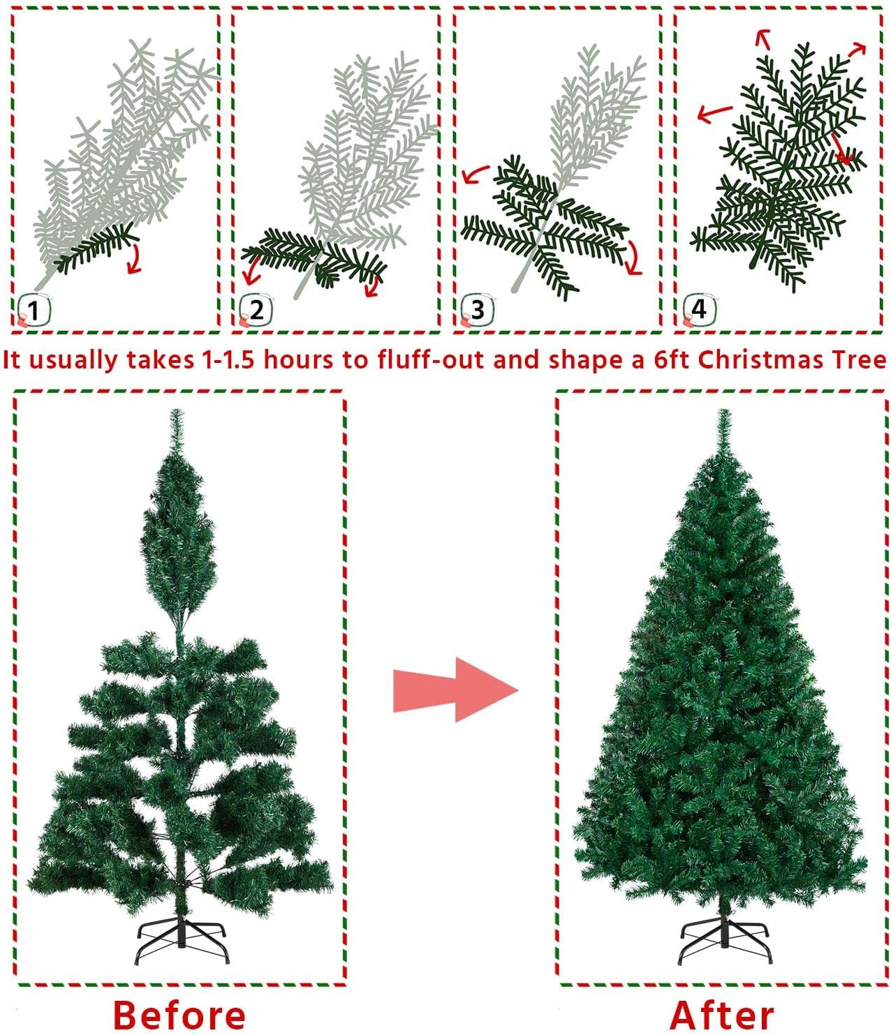 Yaheetech 6ft Hinged Spruce Christmas Tree Holiday Decoration Artificial Unlit Xmas Tree with 1000 PVC Flexible Tips, Green