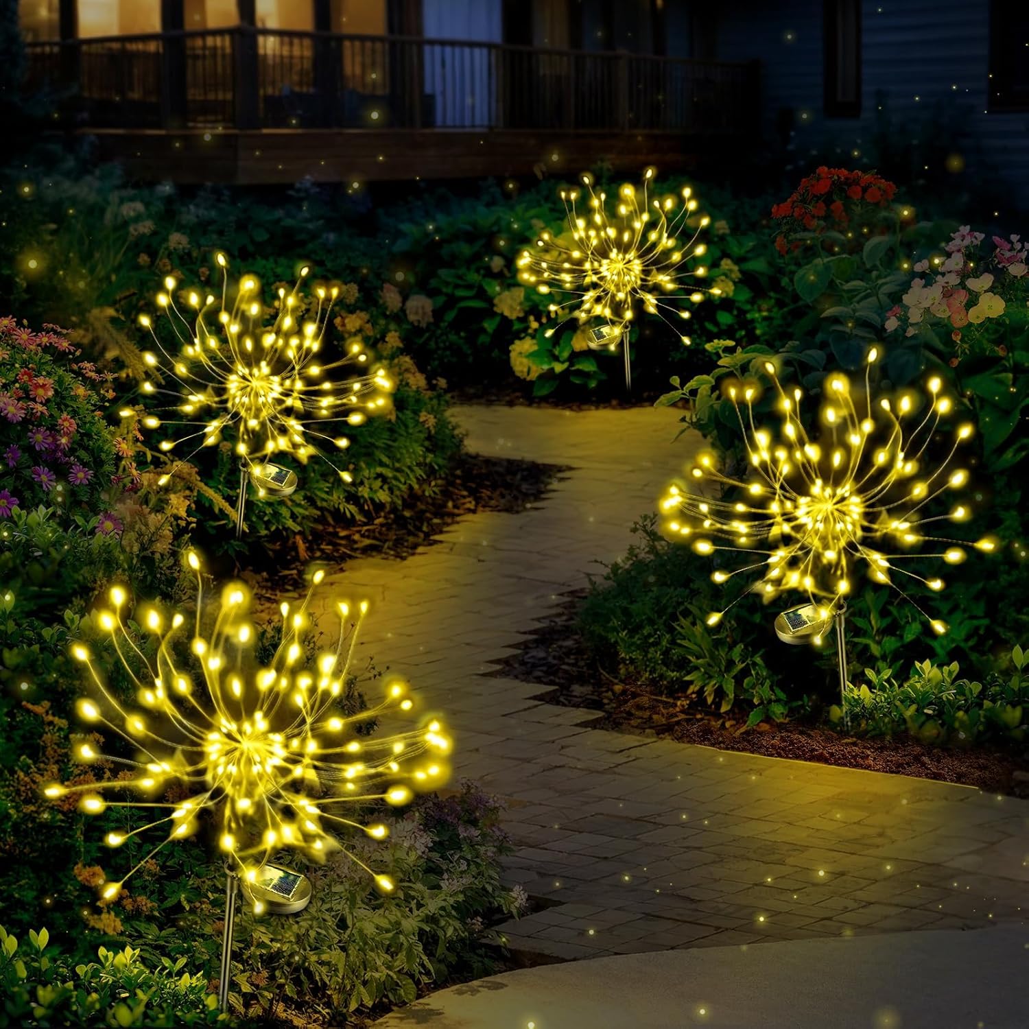 Anordsem Solar Lights Outdoor Garden: Christmas Decorations Fairy Light Waterproof for Outside - Solar Powered Fireworks 120 LED Lamp Gift for Patio Yard Party Pathway Lawn Decorativ [4 Pack]