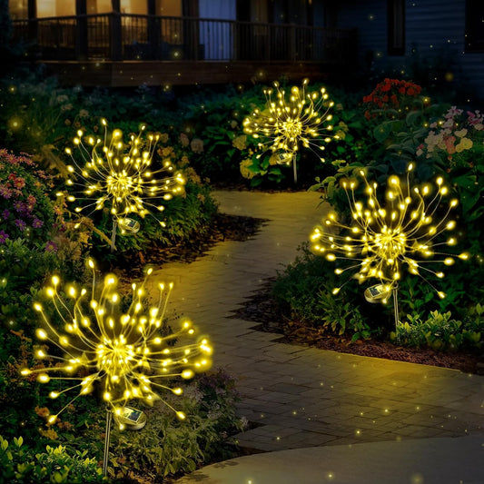 Anordsem Solar Lights Outdoor Garden: Christmas Decorations Fairy Light Waterproof for Outside - Solar Powered Fireworks 120 LED Lamp Gift for Patio Yard Party Pathway Lawn Decorativ [4 Pack]