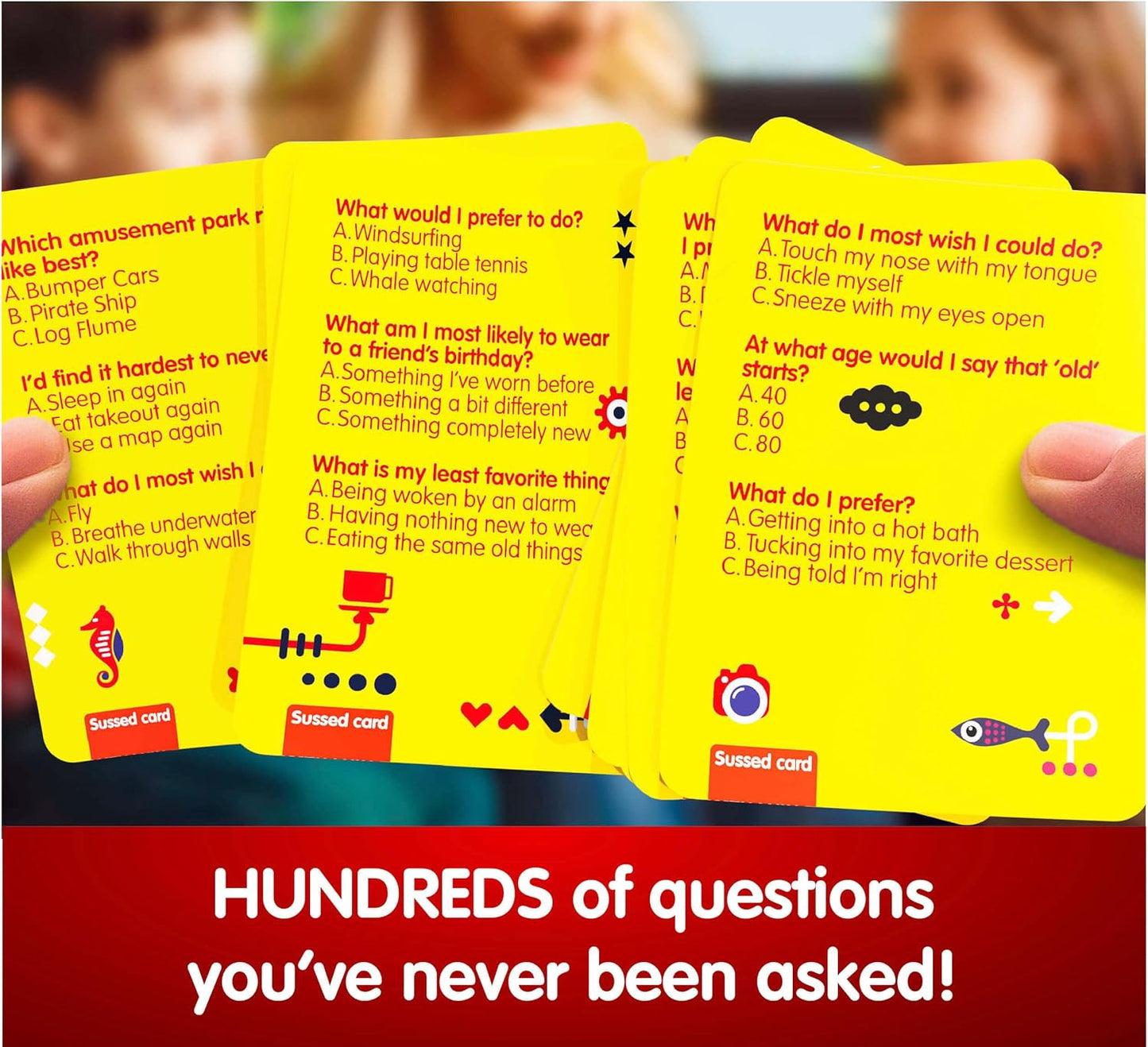 SUSSED Card Game for Kids & Adults - Guess My Wacky Answer | Travel Game for Family Holidays & Car Trips | Birthday Gift Idea | Yellow Pack