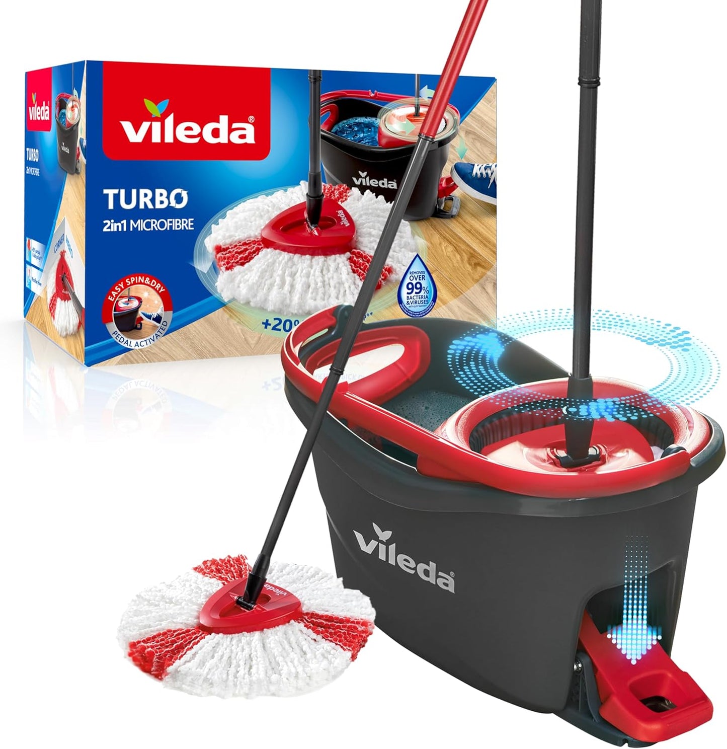 Vileda Turbo Microfibre Mop And Bucket Set, Spin Mop For Cleaning Floors, Set Of 1x Mop And 1x Bucket, Eco Packaging