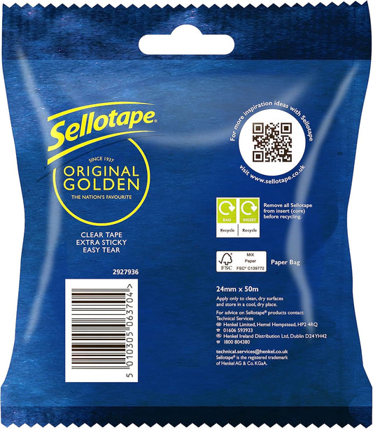 Sellotape Original Golden, Multi-Purpose Clear Tape for Household Objects, Clear Packing Tape for Sticking Envelopes or Cards, Easy to Use Packaging Tape, 24mmx50m