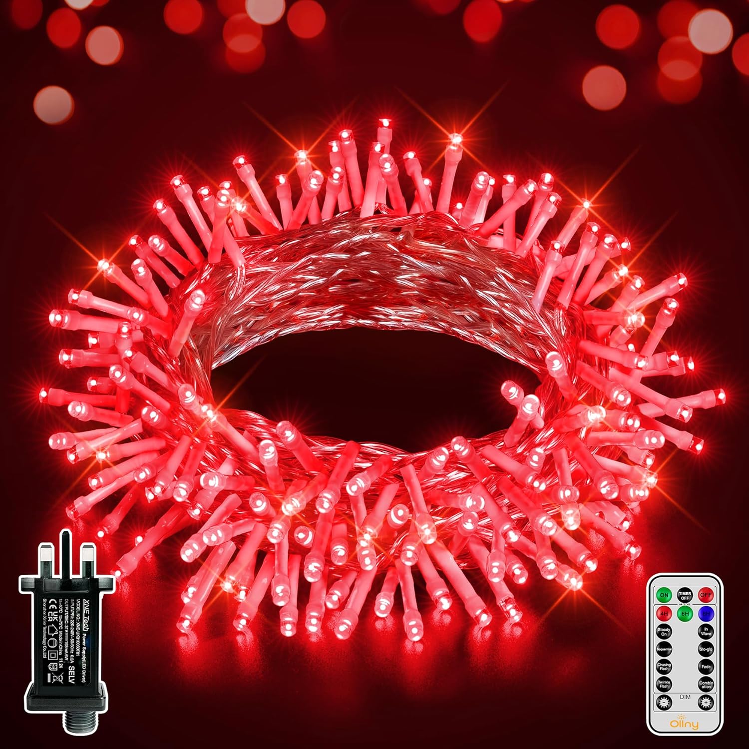 Ollny 10m 100 LED Fairy Lights Mains Powered, Outdoor Waterproof String Light with Remote/Plug/Modes/Timer, Bright Red Lighting Outside Indoor Garden Tree Decorations