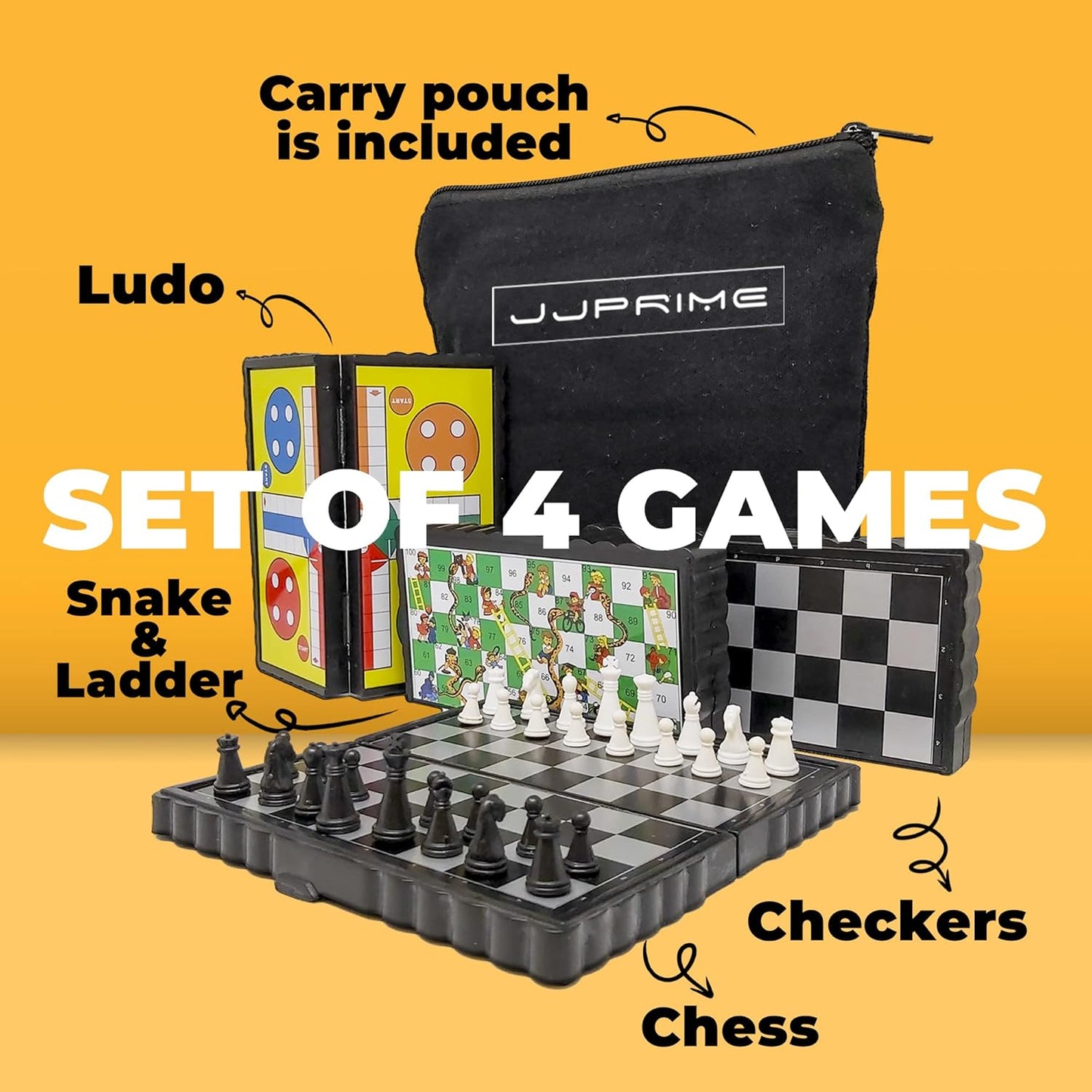 JJPRIME - Magnetic Travel Board Games Set of 4 Chess, Draughts, Ludo, Snakes and Ladders Game for Kids Travel Games For Kids On Plane | Magnetic Games For Kids Travel Chess Set Magnetic with Pouch