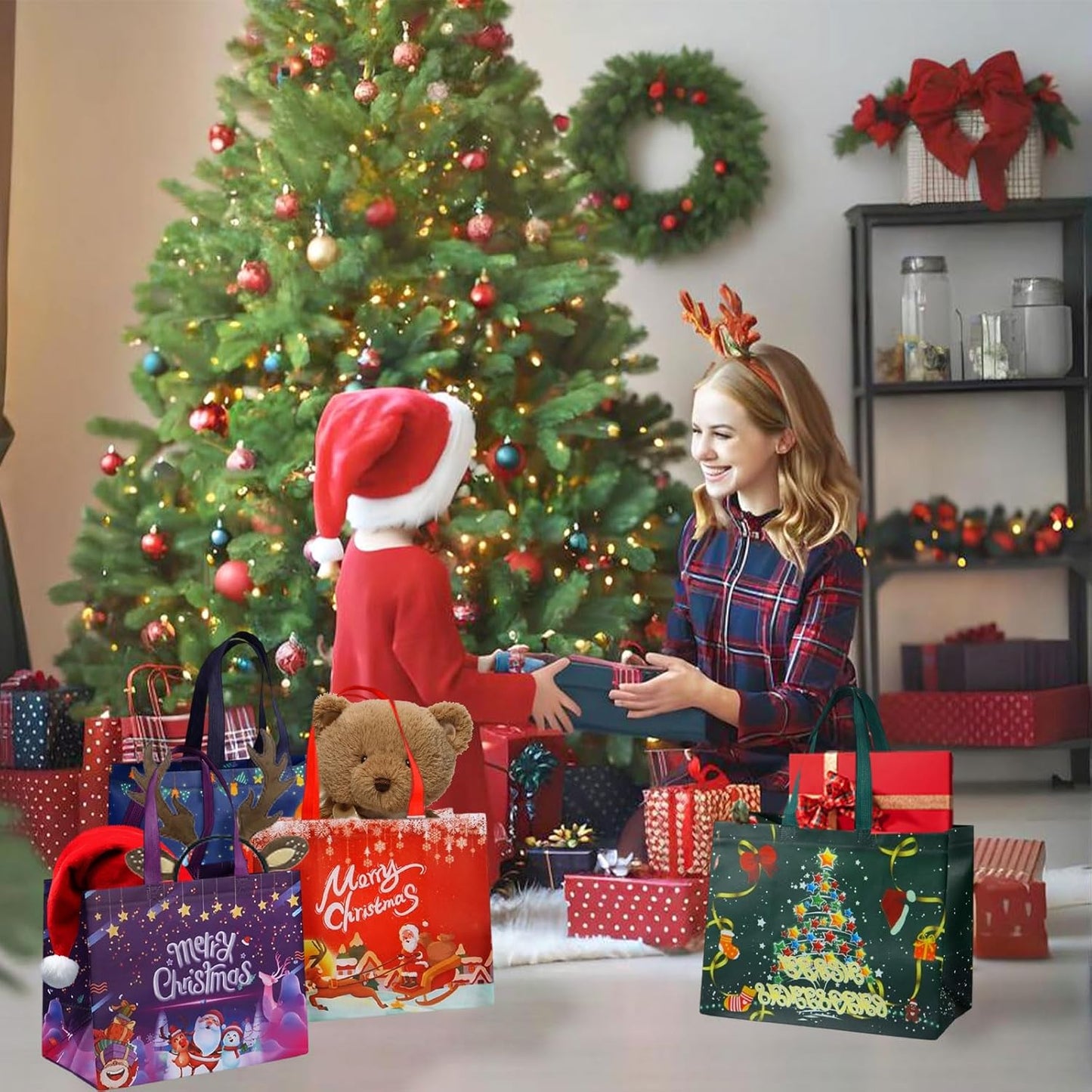 4PCS Christmas Bags for Gifts, Tote Bag with Handles, Christmas Treat Bags, Xmas Party Supplies