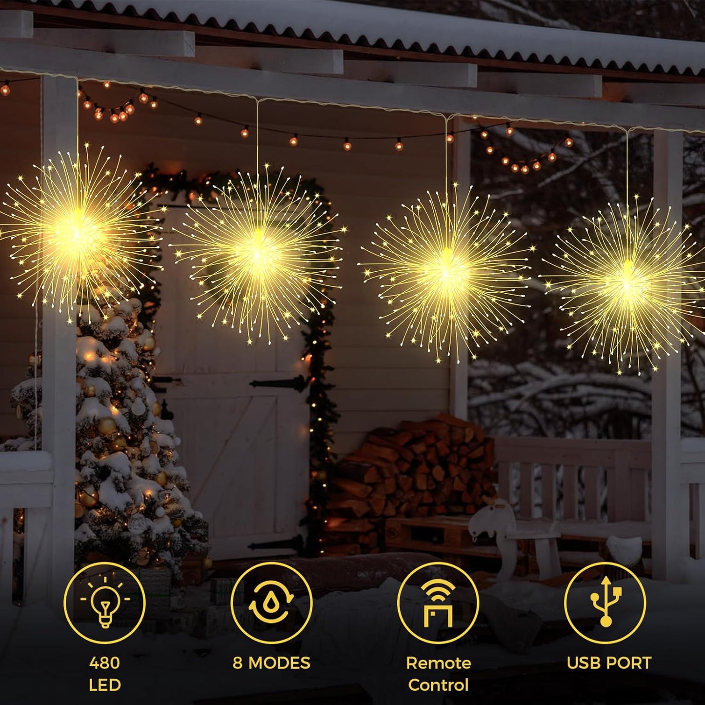 CNMTCCO Christmas Fairy Lights, 4 Pack Hanging USB Firework Lights 480pcs led 8 Modes,Globe Waterproof Copper Wire Lights,Suitable for Home Christmas Halloween Outdoor Party Backyard Decoration