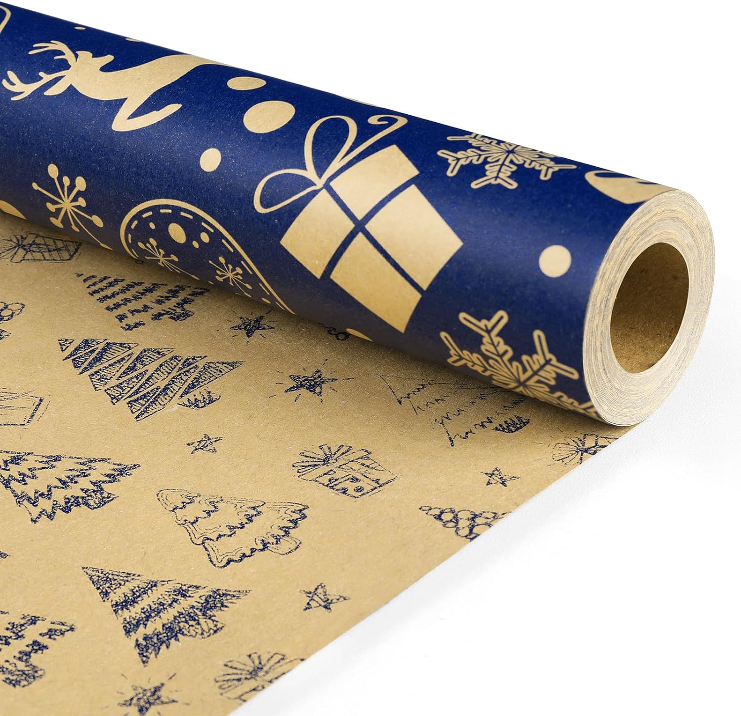 Christmas Wrapping Paper Roll for Xmas Gift Wrap, 43cm*10m Luxury Blue Double-sides Kraft Present Paper for Secret Santa Claus Ornament Party New Year Festive Holiday, One Roll_Two Packing Pattern