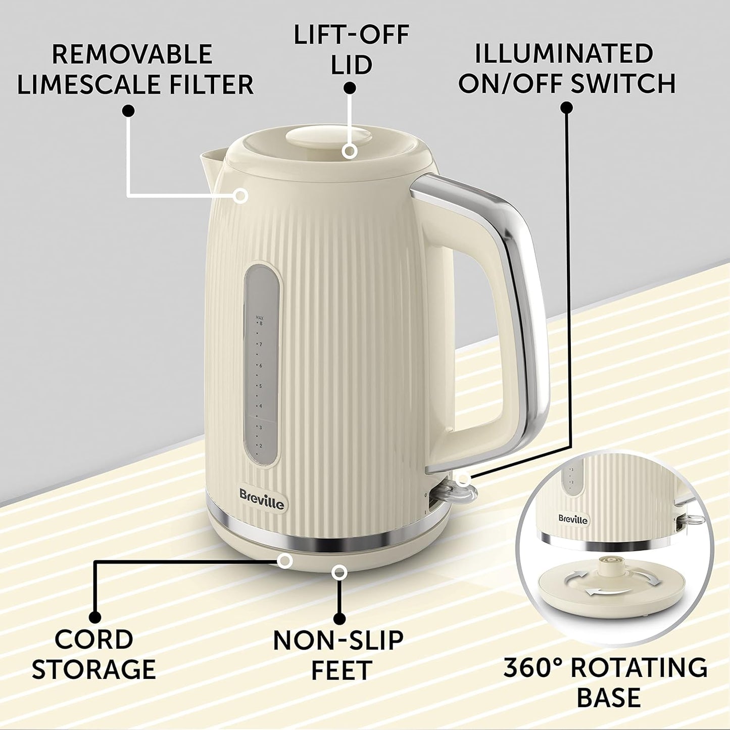 Breville Bold Vanilla Cream Electric Kettle – 1.7L Capacity | 3kW Fast Boil | Cream & Silver Chrome Finish [VKT223]