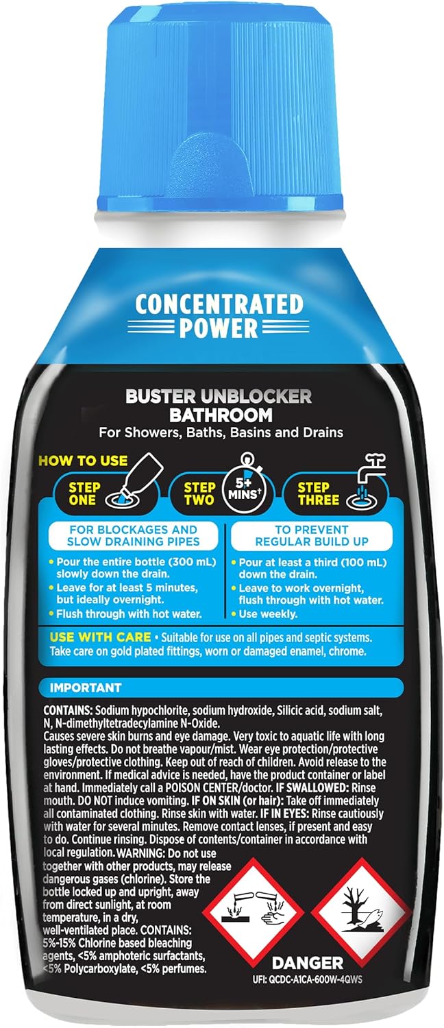 Buster Bathroom Drain Unblocker 300ml, Pack of 3 – Sink Unblocker Removes Hair & Sludge in Showers, Baths & Sinks. Fast-Acting Shower Drain Unblocker Clears Blockages & Slow-Draining Water