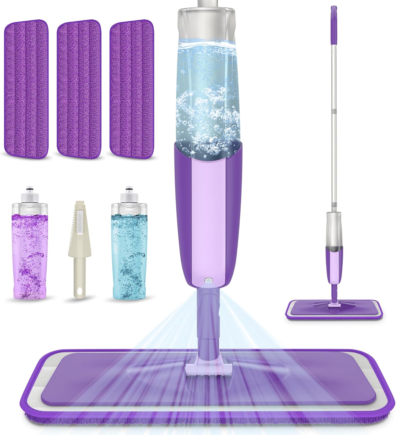 MEXERRIS Microfibre Spray Mop for Floor Cleaning Wet Dry Kitchen Floor Cleaning Mop with 2x Refillable Bottles 360°Rotatable Hardwood Mop for Laminate Wood Tiles 3x Reusable Pads and 1 Scrubber