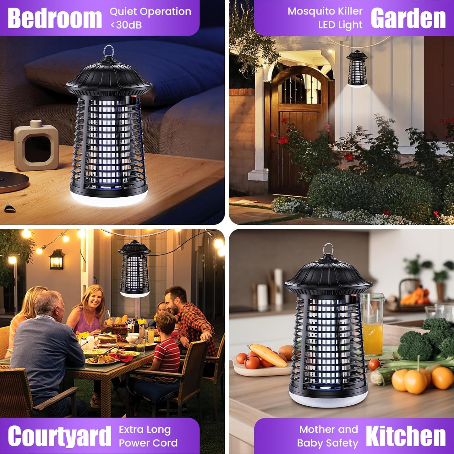 PKBD Bug Zapper, 2-in-1 4200V 15W UV Insect Pest Fly Killer with LED Light, IPX4 Waterproof Electric Fly Zapper with 3m Power Cord for Indoor/Outdoor Use, Mosquito Killer for Home and Garden, Black