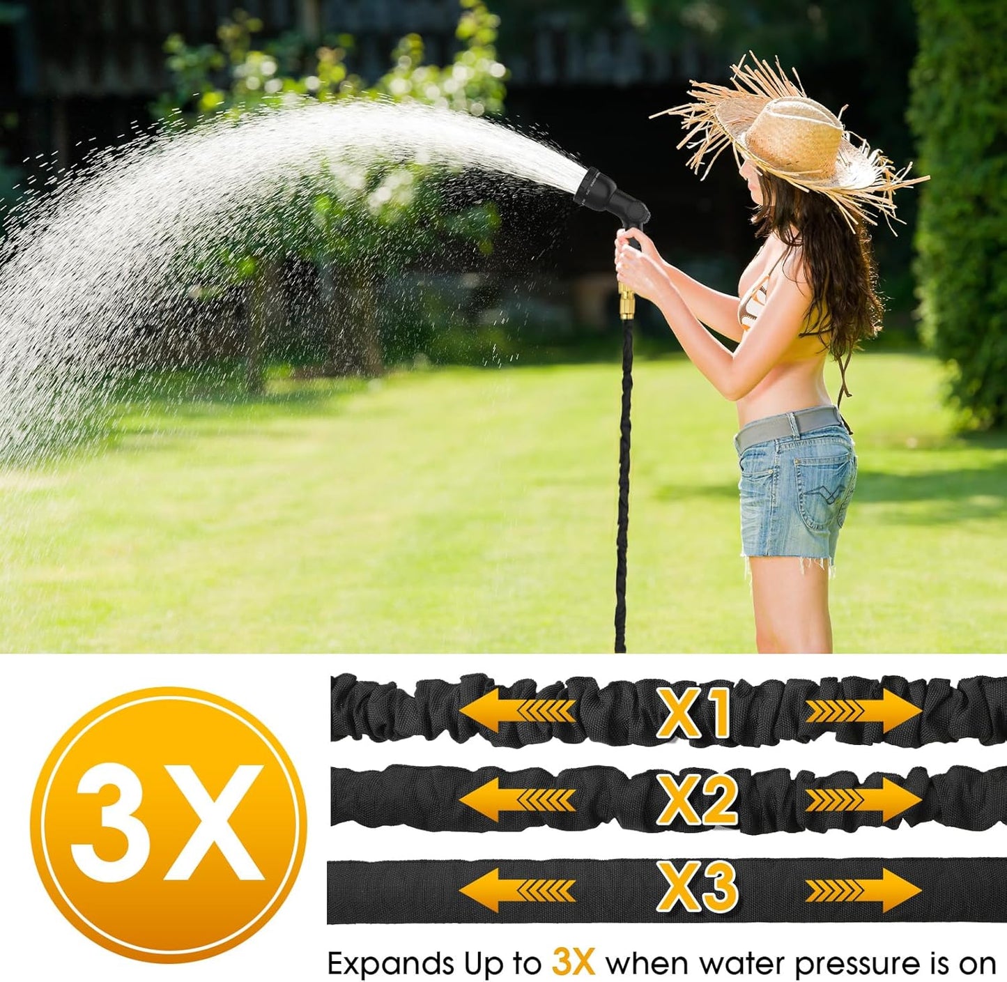 Expandable Garden Hose Pipe 100ft - Water Hose with 10 Functions Gun and 3/4", 1/2" Brass Fittings, Kink-Free Flexible Garden Hose, 3 Layers of Latex in an Expanding Hose Design for Easy Use & Storage