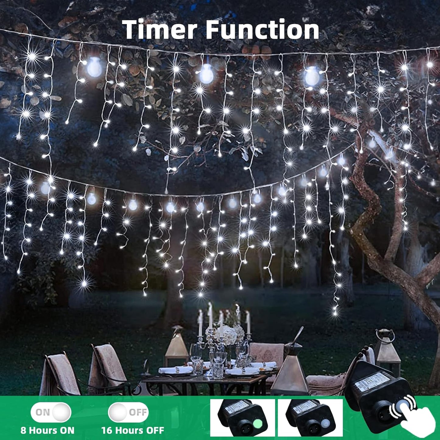 LEDYA Icicle Outdoor Christmas Lights, 29.5ft/9m 240 LED Outdoor Fairy Lights, Mains Powered Outside & Indoor Decorations Icicle Lights with 8 Modes for Window, Roof, Garden, Wall, Gazebo