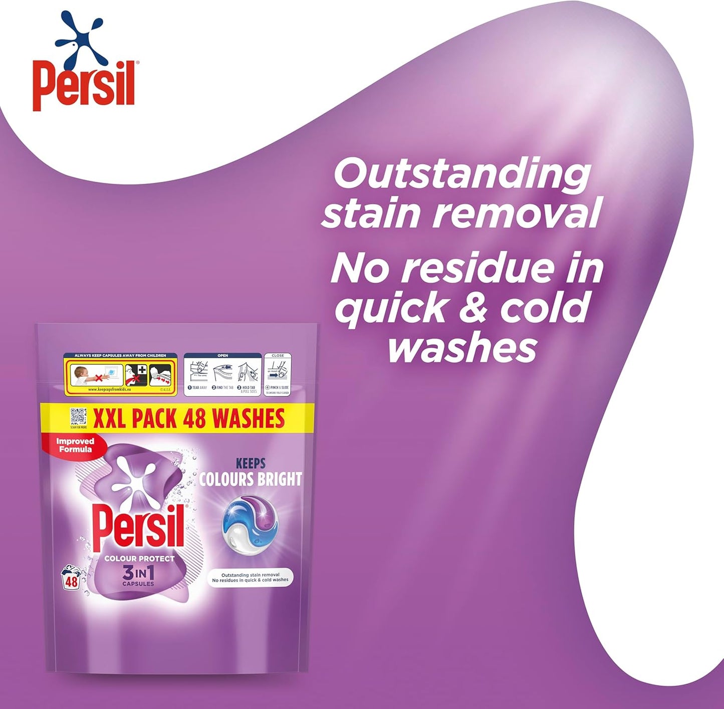 Persil Colour Protect 3 in 1 Washing Capsules keeps colours bright outstanding stain removal in quick & cold washes 48 washes