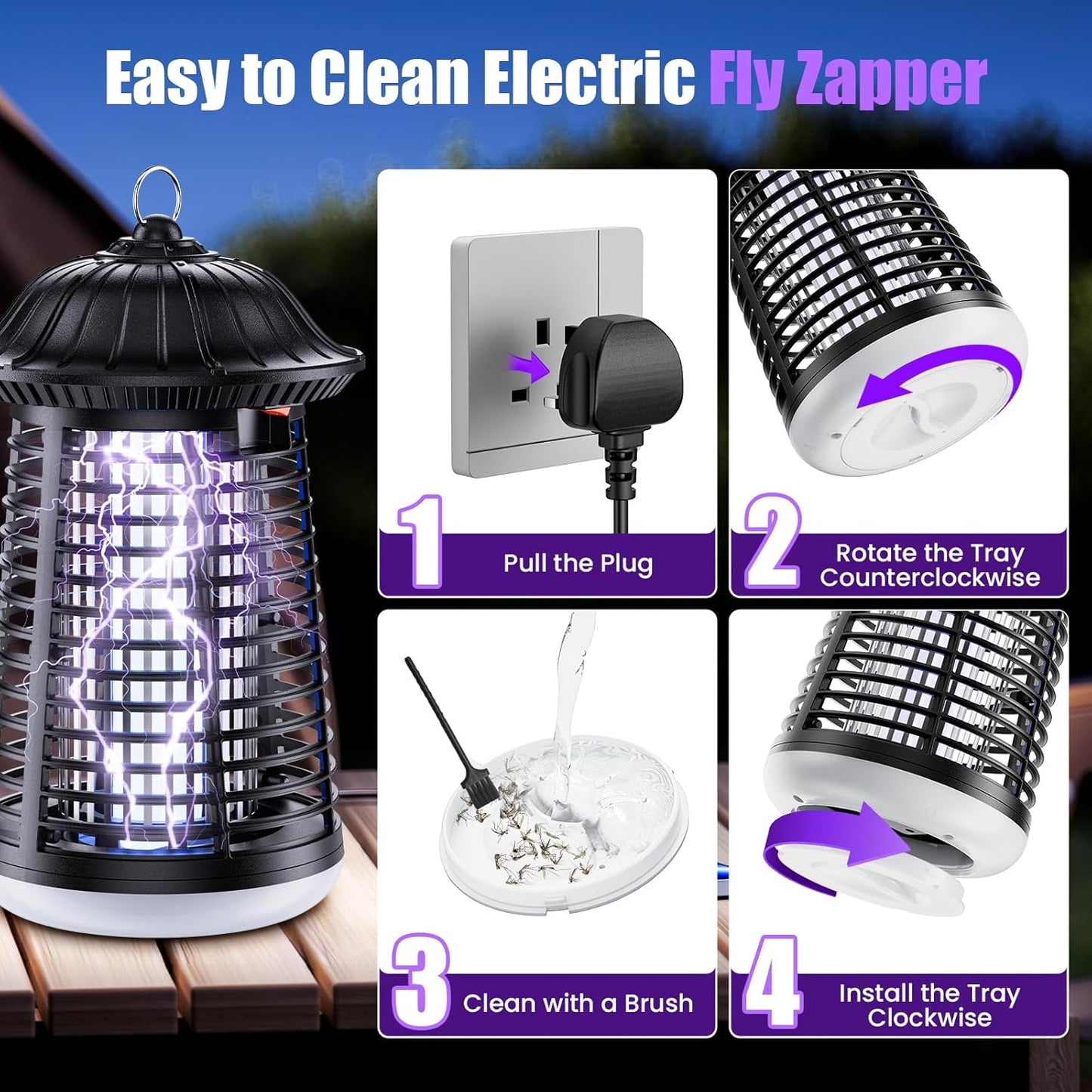 PKBD Bug Zapper, 2-in-1 4200V 15W UV Insect Pest Fly Killer with LED Light, IPX4 Waterproof Electric Fly Zapper with 3m Power Cord for Indoor/Outdoor Use, Mosquito Killer for Home and Garden, Black