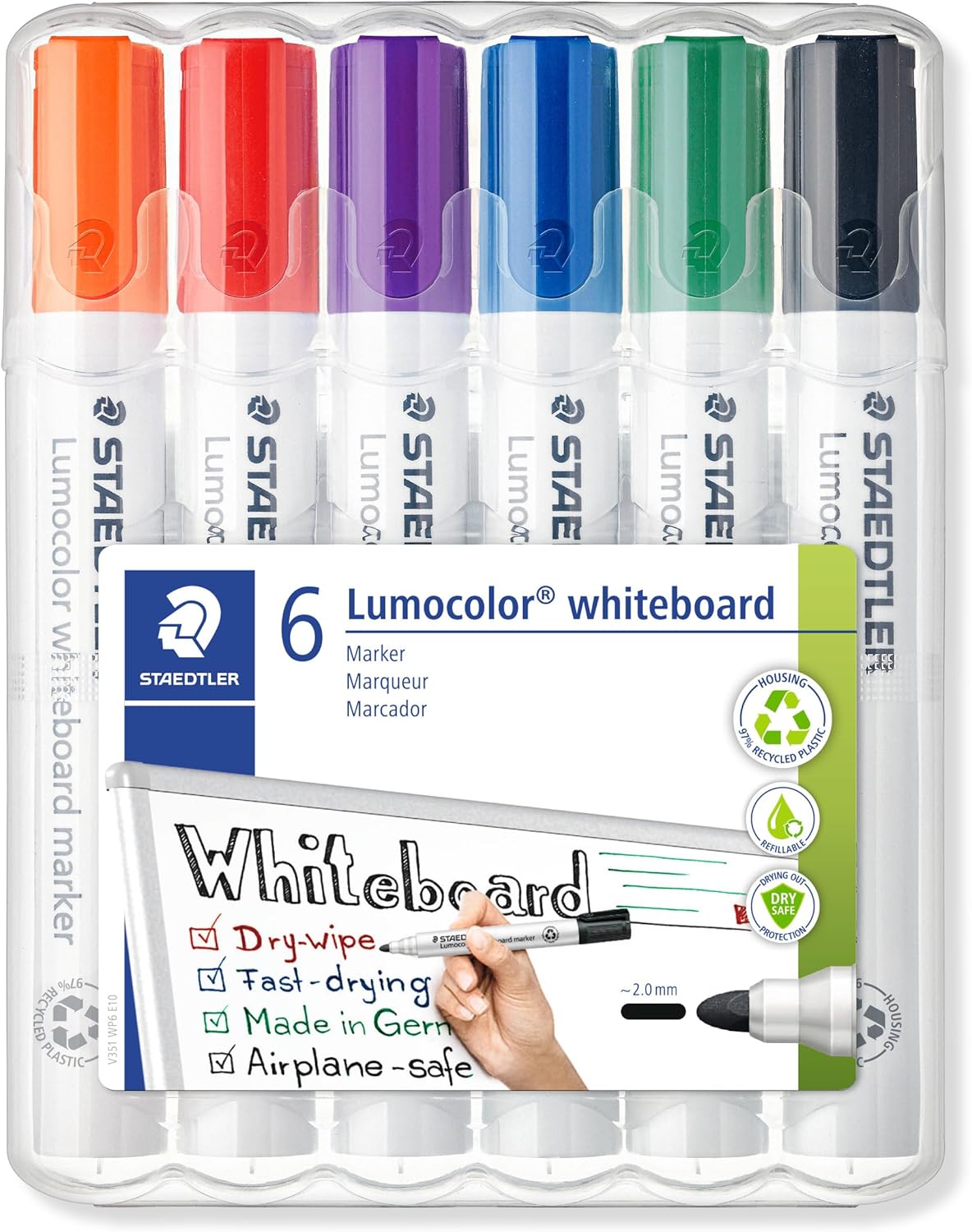STAEDTLER 351 WP6 Lumocolor Whiteboard Marker Bullet Tip - Assorted Colours (Pack of 6)