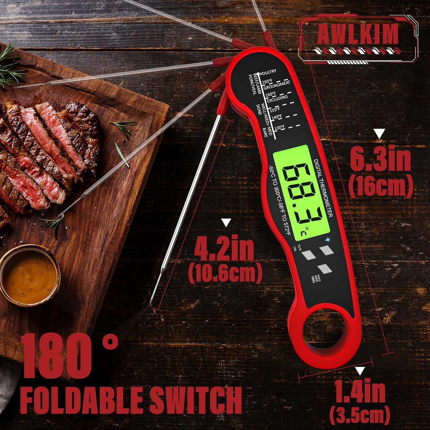 AWLKIM® Instant Read Meat Thermometer for Grill and Cooking - Waterproof Fast Food Thermometer with Backlight, Digital Food Probe for Kitchen Cooking, Candy Making, Outside Gril