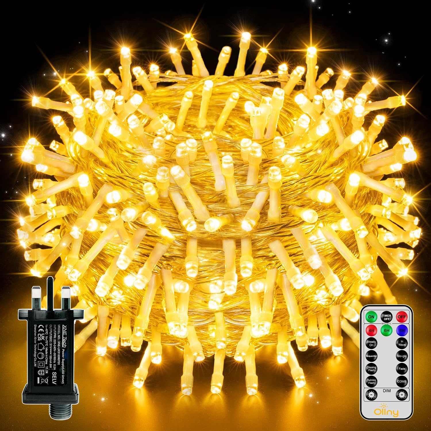 Ollny 20m 200 LED Fairy Lights Mains Powered, Outdoor Waterproof String Light with Remote/Plug/Modes/Timer, Bright Warm White Lighting Outside Indoor Garden Tree Party Wedding Decorations