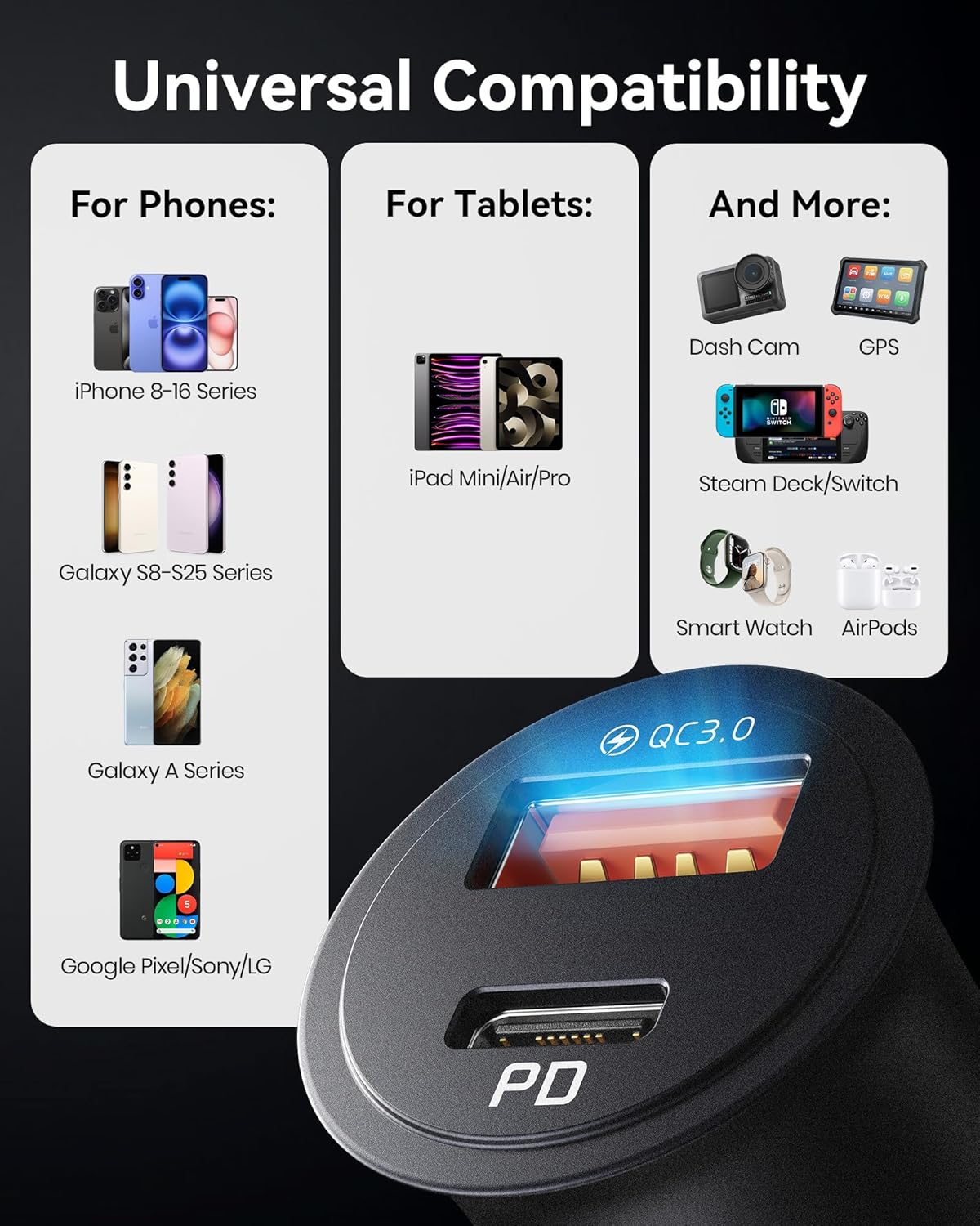 INIU Car Charger, Cigarette Lighter USB Charger Total 60W [USB C 30W+USB A 30W] 12V USB Socket, PD3.0 Fast Charge Car Phone Charger Metal Adapter for iPhone 16 15 14 13 12 Pro Max iPad Samsung Google